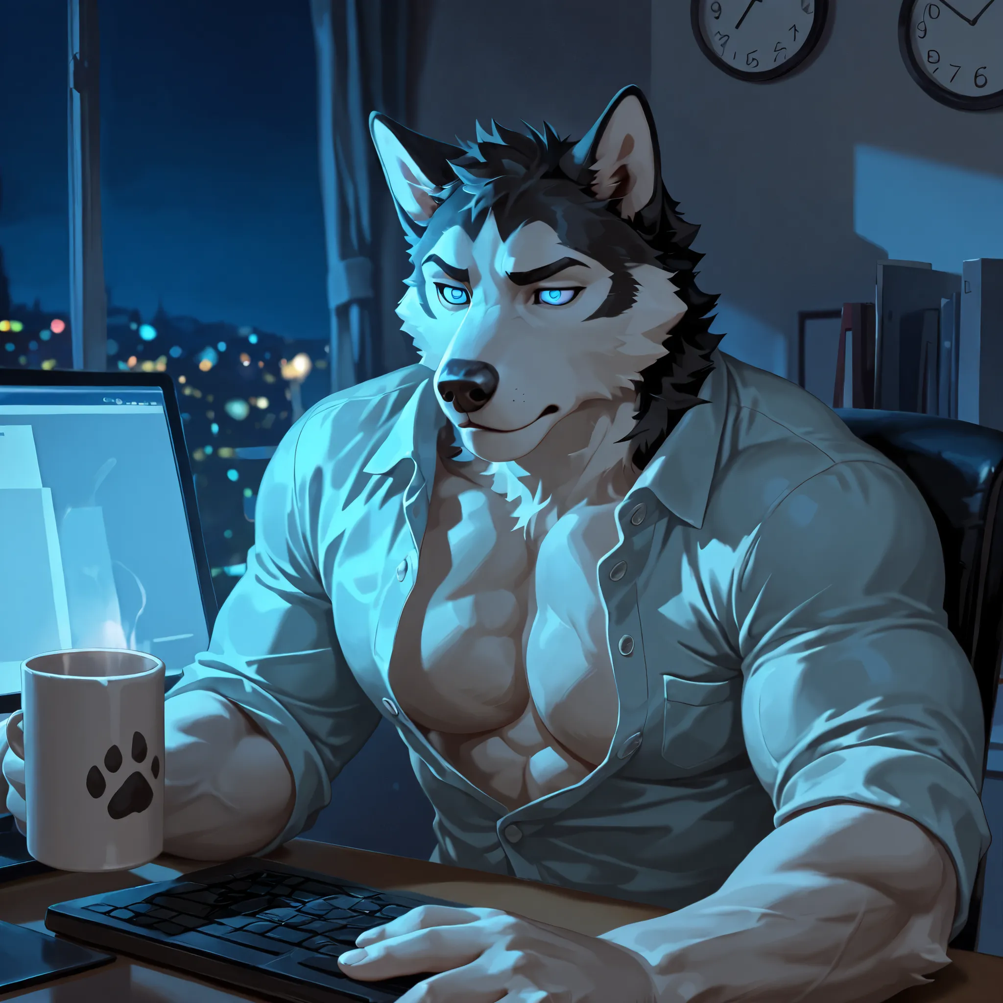 Best Quality, High Quality, Ultra High Resolution,fine eyes, Exquisite Face ,handsome,5 Fingers,paw,Husky,Office,overtime,tired,Unbuttoned shirt,Chest muscles,Abdominal muscles, Slim figure ,fluffy hair,mug,computer,blue eyes,tiredness,vexed, dark circles,...