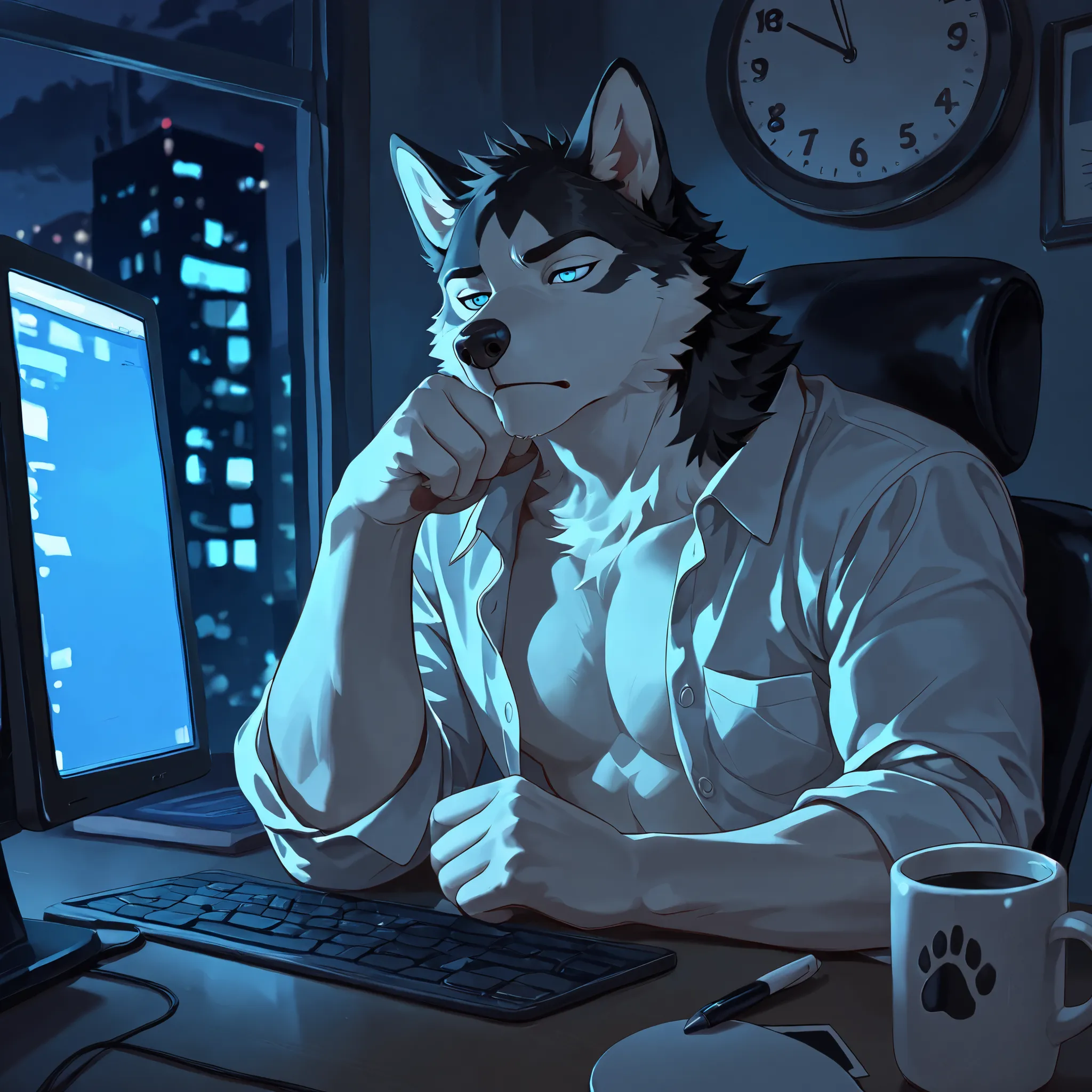 Best Quality, High Quality, Ultra High Resolution,fine eyes, Exquisite Face ,handsome,5 Fingers,paw,Husky,Office,overtime,tired,Unbuttoned shirt,chest,abdomen,Slim body ,fluffy hair,mug,computer,blue eyes,tiredness,vexed, dark circles,clock,night,無人的Office...