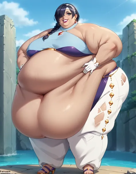 score_9, score_8_up, score_7_up, solo, BREAK, 1girl, full body,
braided ponytail, brown skin, gold accessories, black eyes, earrings, bang, lipstick, purple caplet, hair over eye, white headband with jewel, purple harem pants, white gloves, blue bikini, st...