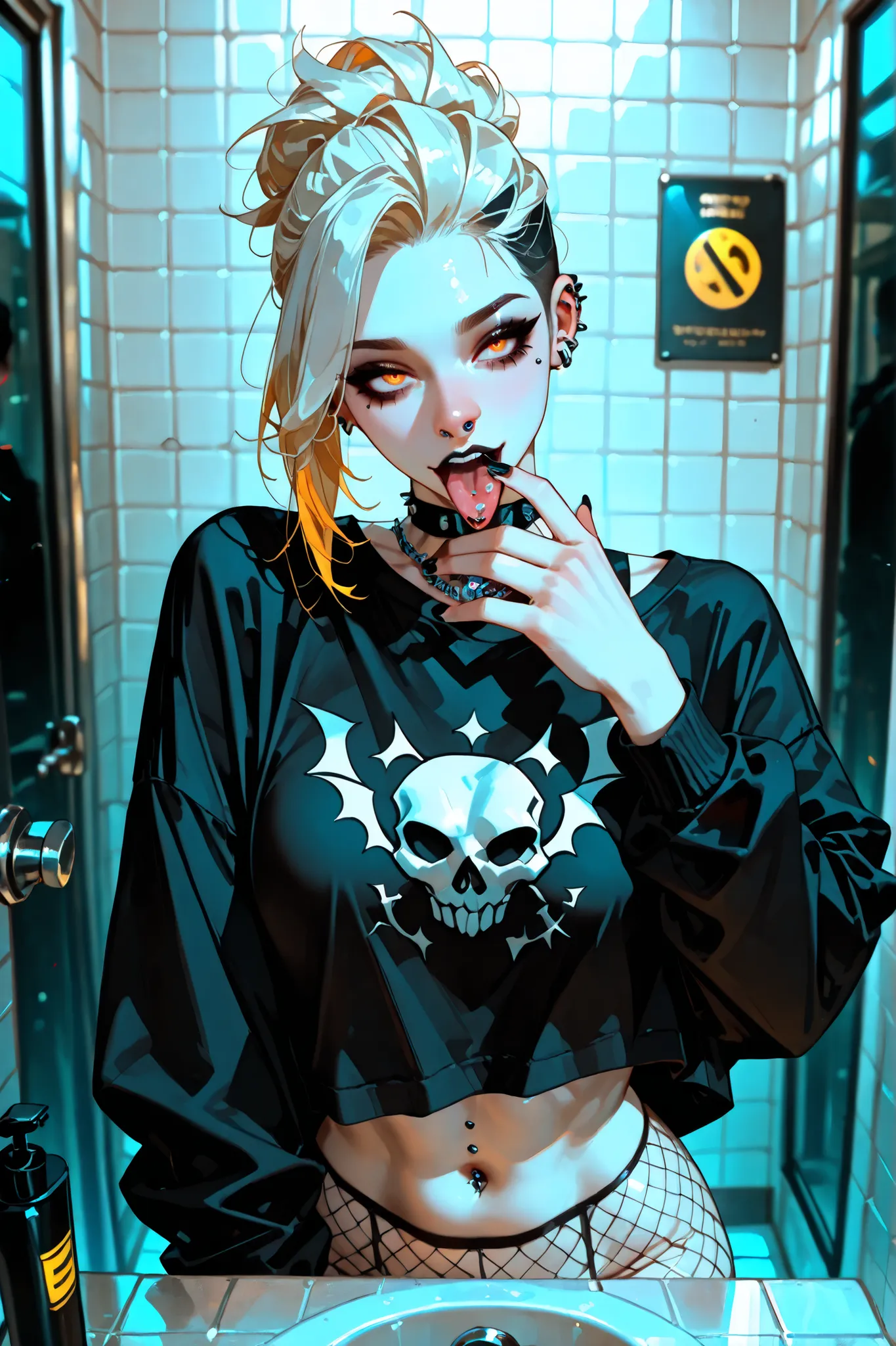 (SuperQuality:1.0) ~ (SuperQuality:1.2), detailxl, 1girl, Solo, High Resolution, Best Quality, High Details, Super Detailed, large breast, mature, yellow-pale hair, pixie hair, goth, black lips, amber eyes, Fishnets, oversize shirt, piercings, belly pierci...