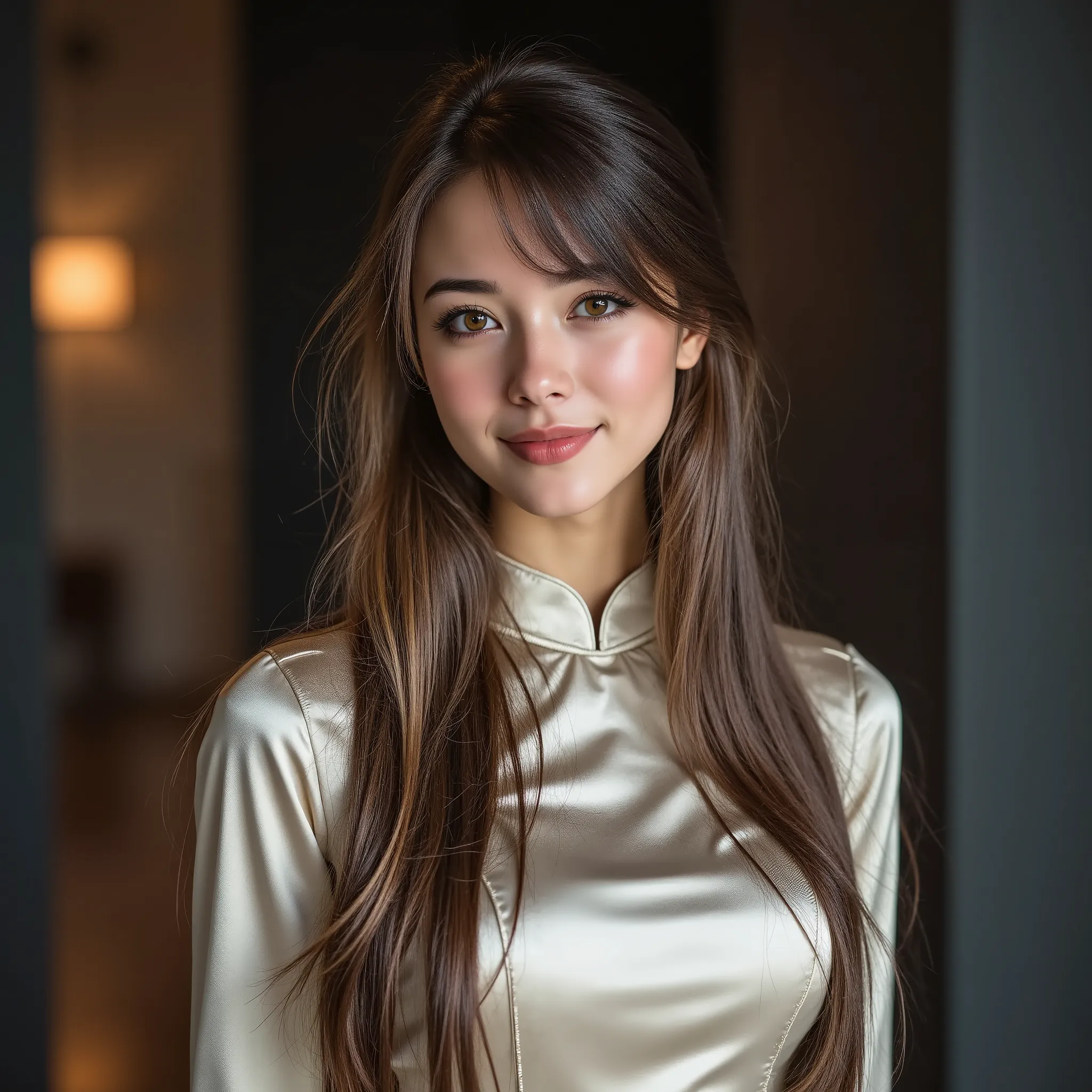 Masterpiece. Full body photo , Chinese princess 25 years old , long hair lasio with fringe,  GREEK GODDESS BODY,  wearing a silk Cheongsam suit , negro ,  long sleeve  , closed to the collar type mao ,with tight to her body , looking at the camera ,  8K PH...