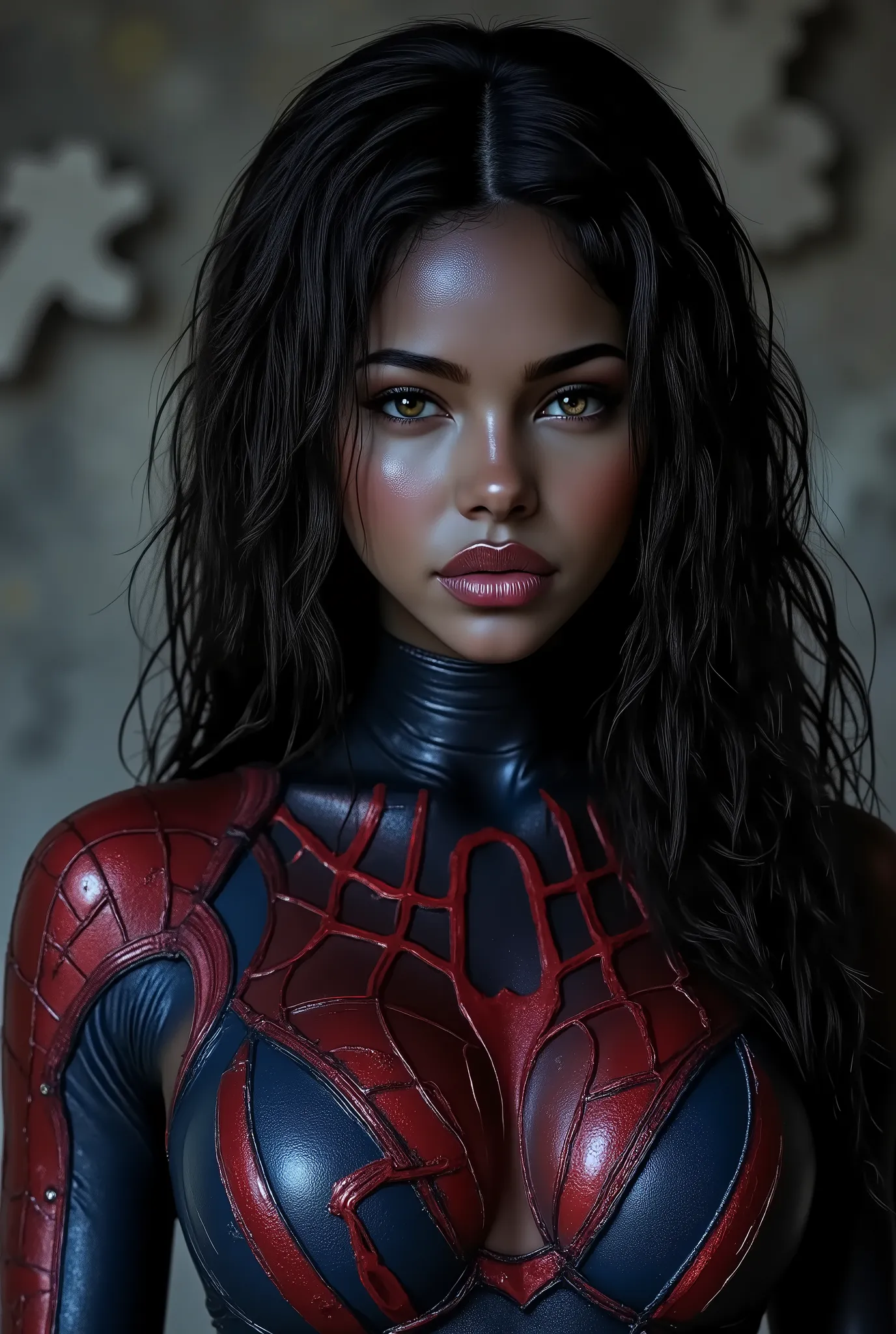 Jyle West, bi-racial woman, Super sexy spider-woman photo standing sideways Nsfw style 