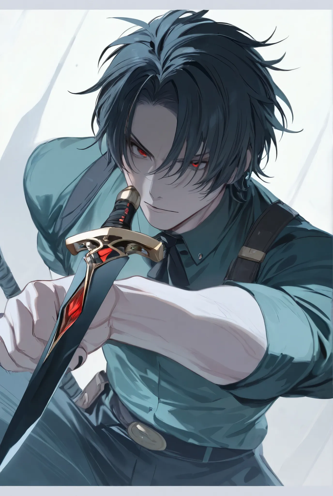 Holding the dagger, wearing a black coat, black nails
