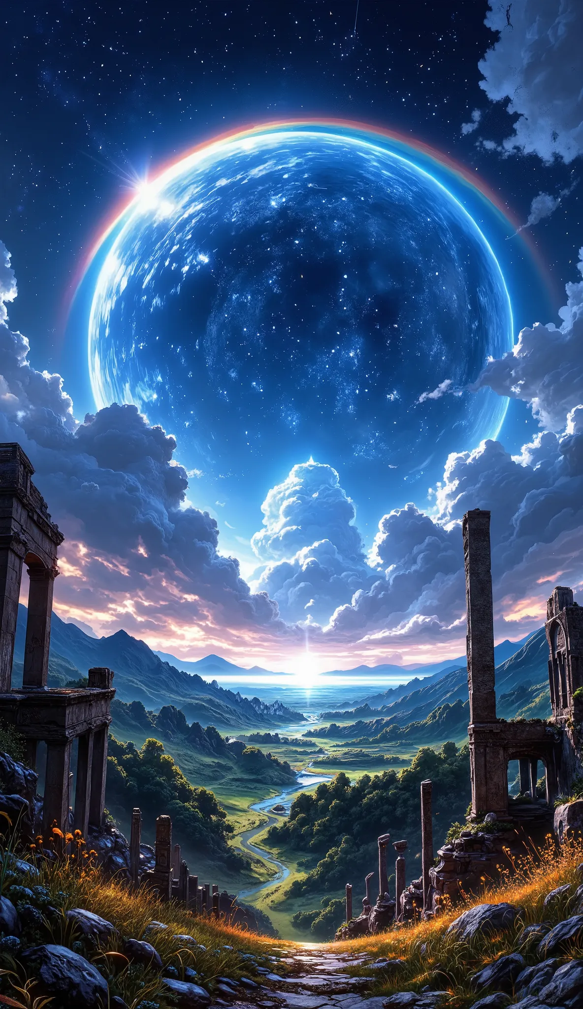 (( Astonishingly )),(Masterpiece:1.2),超High resolution, Attention to detail, High Quality, High resolution, 最High Quality, 4k, 8K、 very beautiful、landscape、landscape画、Infinite blue sky、A rainbow appears、There are a lot of ruins there 、dandelion fluff flyin...