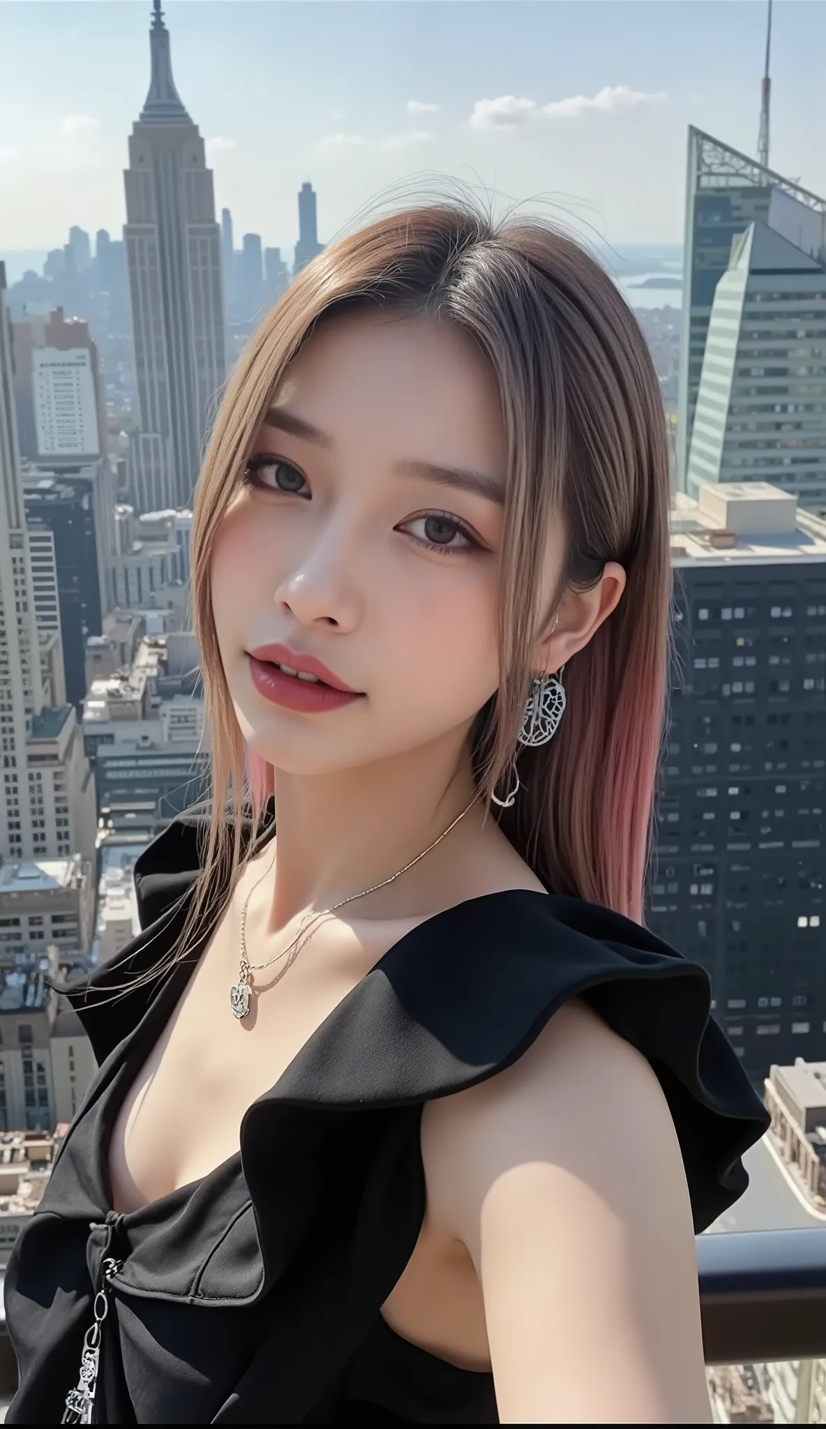 ((depicts a young Korean pop idol girl。),(Face the front and take a full body shot),((Manhattan skyscraper district in New York)),(walk),((Prada's dress)),(smile),(beautiful Korean idol makeup,beautiful lips,dark eyeshadow,long lashes),shiny skin staring a...