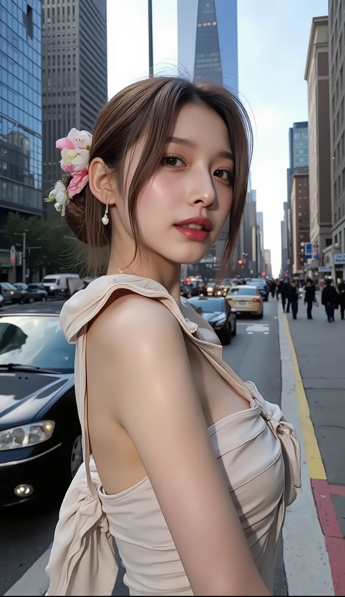 ((depicts a young Korean pop idol girl。),(Face the front and take a full body shot),((Manhattan skyscraper district in New York)),(walk),((Prada's dress)),(smile),(beautiful Korean idol makeup,beautiful lips,dark eyeshadow,long lashes),shiny skin staring a...