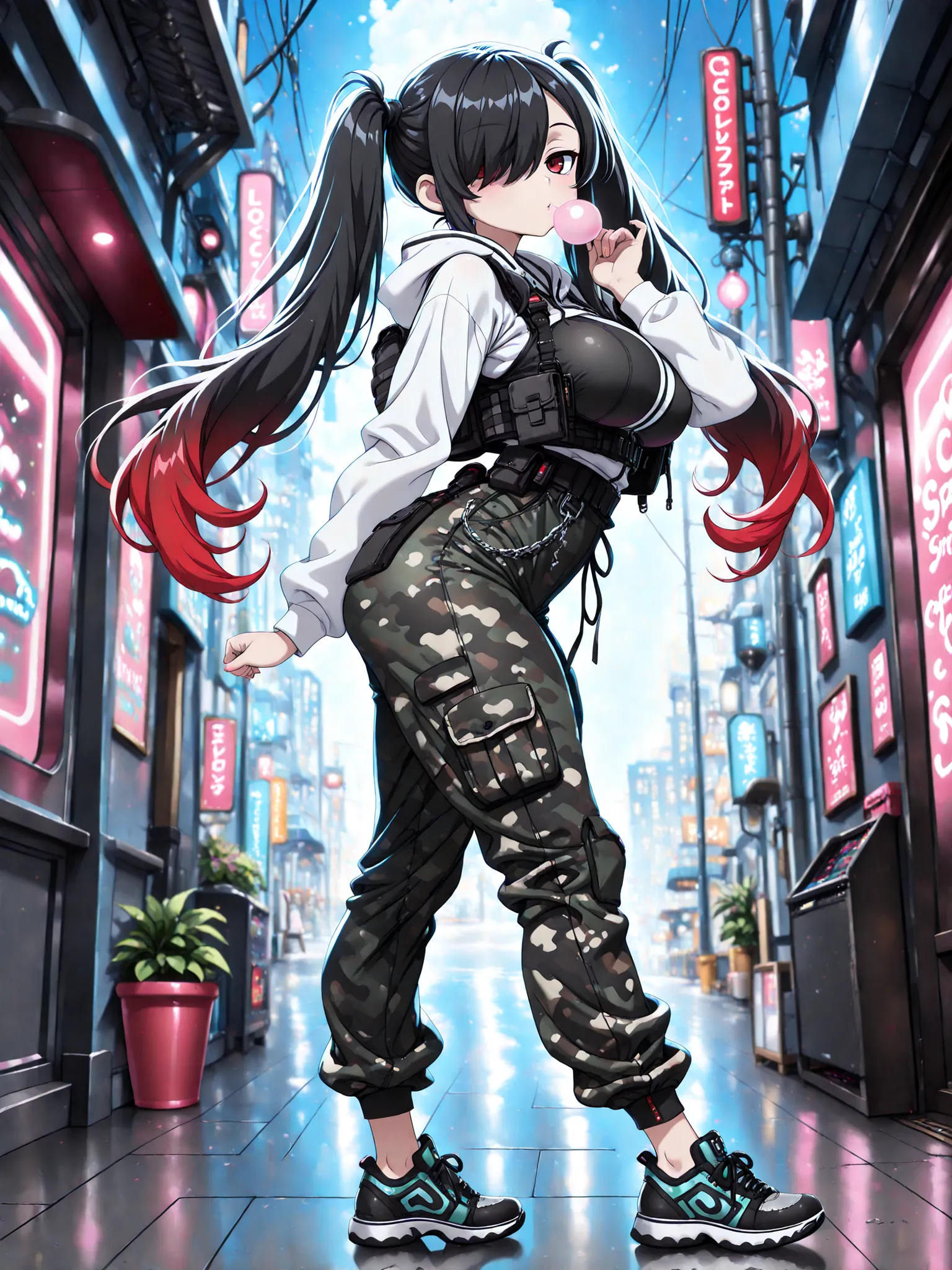 masterpiece, best quality, 1 girl, Kuroki Monika, red eyes, gradient hair, black hair, red hair, long hair, asymmetrical hairline, hair over right eye, ((large breasts)), (petite but curvy), very cute, lovely, long twin-tails, wearing a cropped white hood...