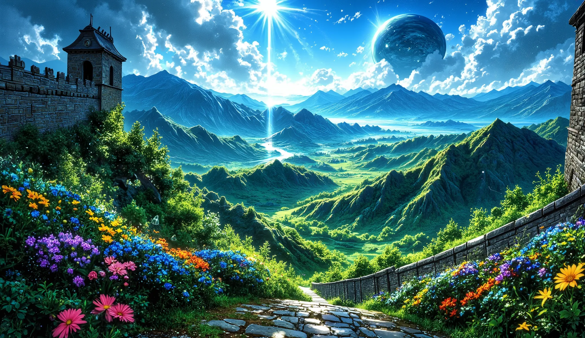 (( Astonishingly )),(Masterpiece:1.2), A great wall, beautiful and full of flowers, 超High resolution, Attention to detail, High Quality, High resolution, 最High Quality, 4k, 8K、 very beautiful、landscape、landscape画、Infinite blue sky、A rainbow appears、There a...