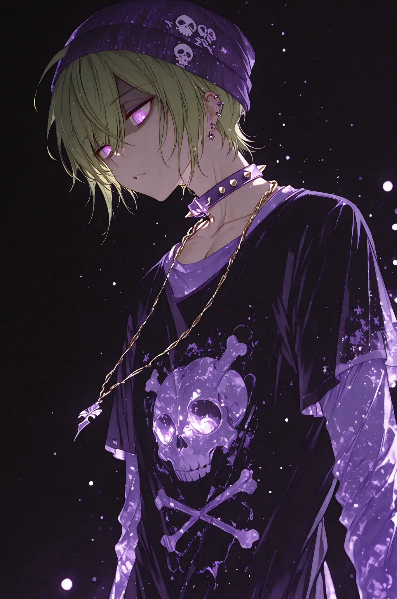 waltz_(tram), rei \(sanbonzakura\):0.89), (ankekkai:1.05), flat colors, anime screencap, glowing, glowing_effect, particles, light_particles, bokeh, light_bokeh, light_reflection, 1boy, momochi, Dear Vocalist, purple eyes, green hair, short hair, lean, muscular, handsome, sexy man, emo fashion, visual kei, cool fashion, intricate clothes, intricate accessories, intricate patterns, cool, stylish, bandaid, hat, beanie, jewelry, earrings, ear piercing, necklace, chain, chain necklace, collar, multiple rings, layered sleeves, long sleeves, t-shirt 1.2M
prted lips 543k
?
piercing 122k
?
ring 94k
?
shirt 2.0M
short sleeves
skull print
spiked collar
spikes, solo, piercing gaze, shaded face, glowing eyes, (half body out of frame), upper_body, (negative space:1.2), black theme, purple and green palette, simple background, black background, cinematic lighting, vibrant colors, dramatic shadows, dynamic angle, dutch angle, depth of field, cinematic, 