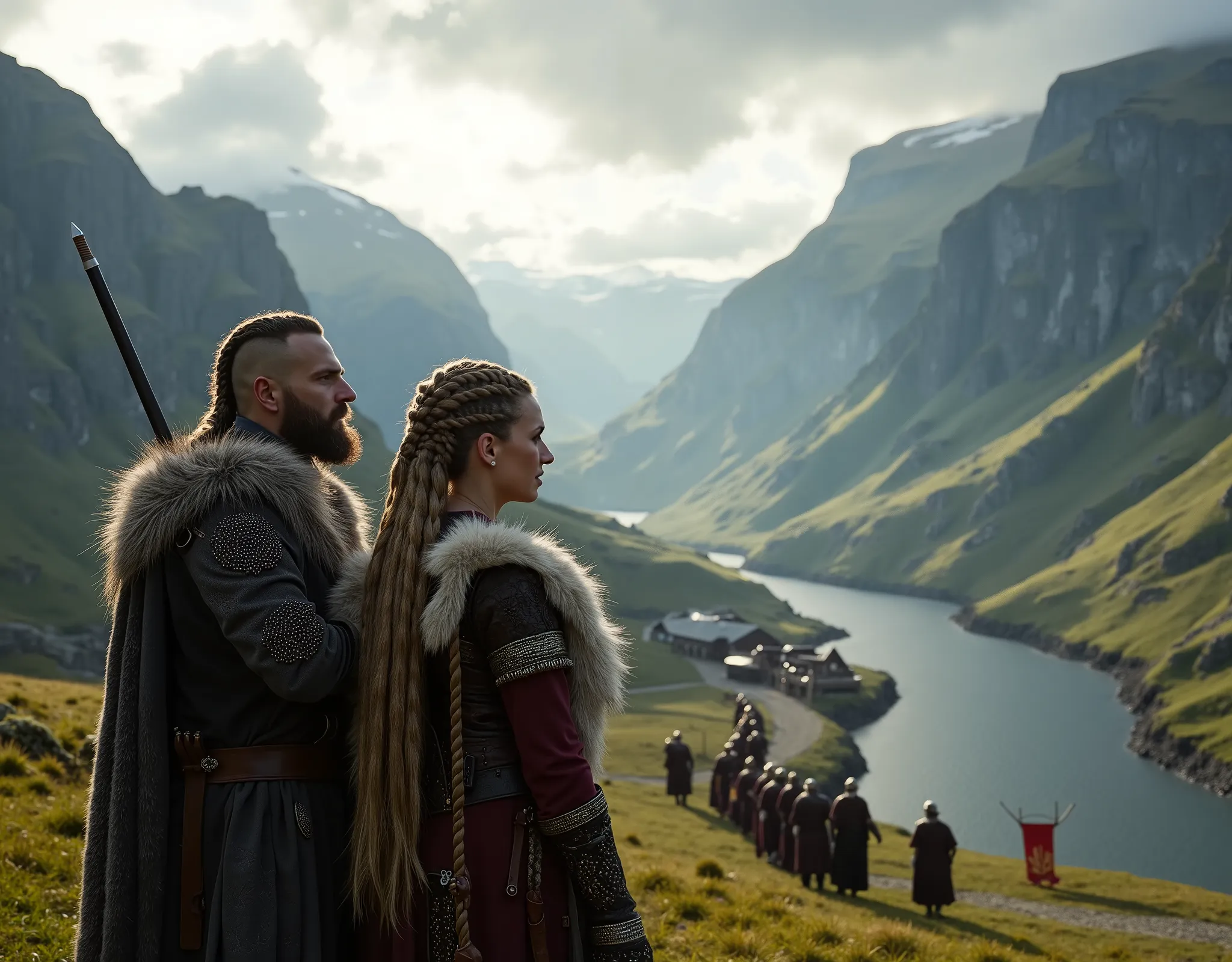 Steep and dramatic mountains are towering in the background and slightly obfuscated by low clouds as dawn breaks. A stream snakes its way down the fjord valley, revealing an ornate longhouse on the far riverbed. In the foreground stands King Ragnar Lothbro...