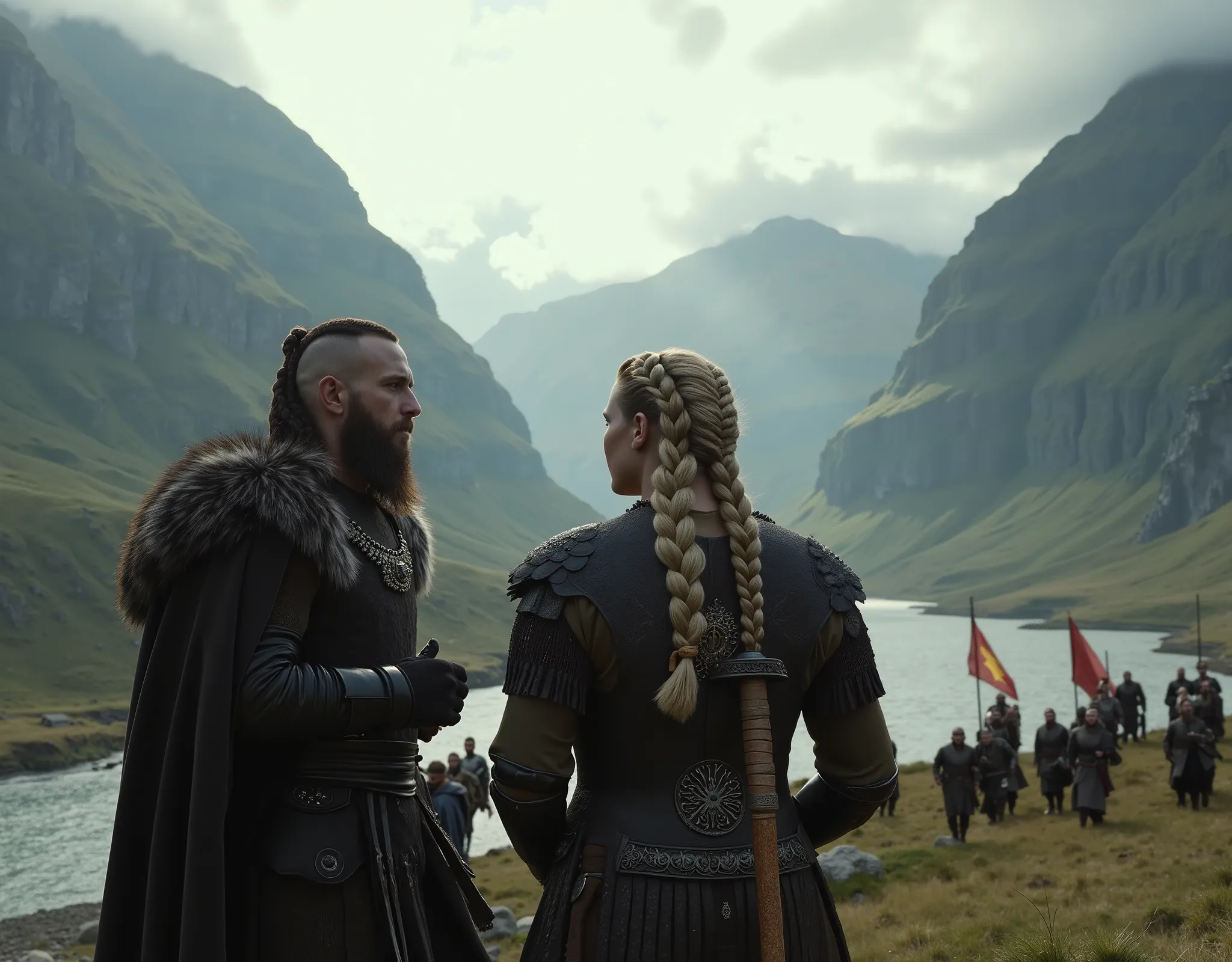 Steep and dramatic mountains are towering in the background and slightly obfuscated by low clouds as dawn breaks. A stream snakes its way down the fjord valley, revealing an ornate longhouse on the far riverbed. In the foreground stands King Ragnar Lothbro...