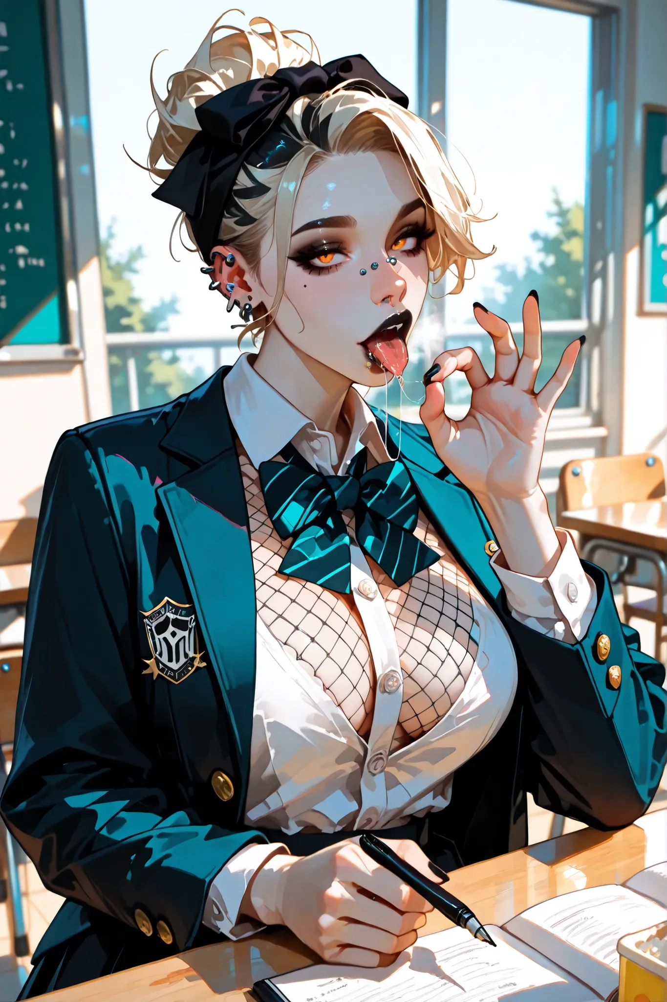 (SuperQuality:1.0) ~ (SuperQuality:1.2), detailxl, 1girl, Solo, High Resolution, Best Quality, High Details, Super Detailed, large breast, mature, yellow-pale hair, pixie hair, goth, black lips, amber eyes, Fishnets, school uniform, piercings, belly pierci...