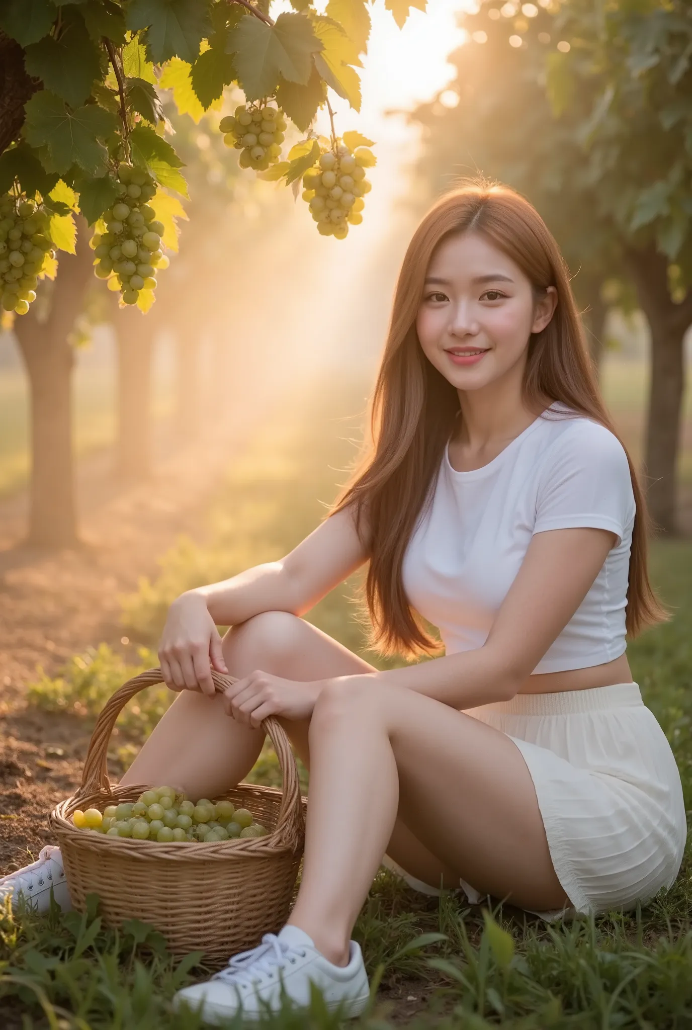 สร้างภาพ 18-year-old Korean girl, radiant face, smilling, beautiful like an angel, caramel brown hair, straight long hair to the middle of the back, parted on the left side, sitting in a grape tunnel, there are many bunches of grapes. She looks up at the g...