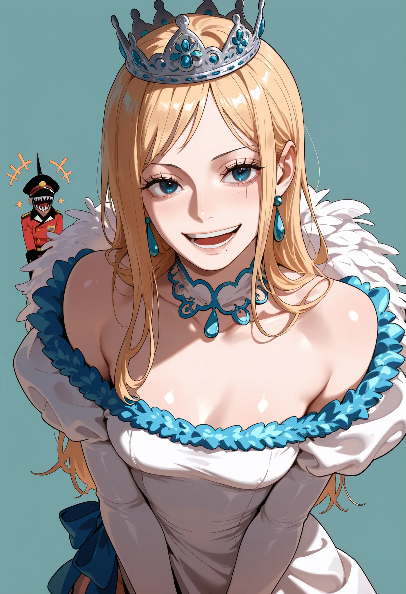 masterpiece, best quality, amazing quality, 1girl, (Yorha Commander, One Piece, Chainsaw man, Nier Automata, blue eyes, blonde hair), wearing white royal dress, Open shoulders, very happy smile, medium up shot, simple background, medium size , golden rati...
