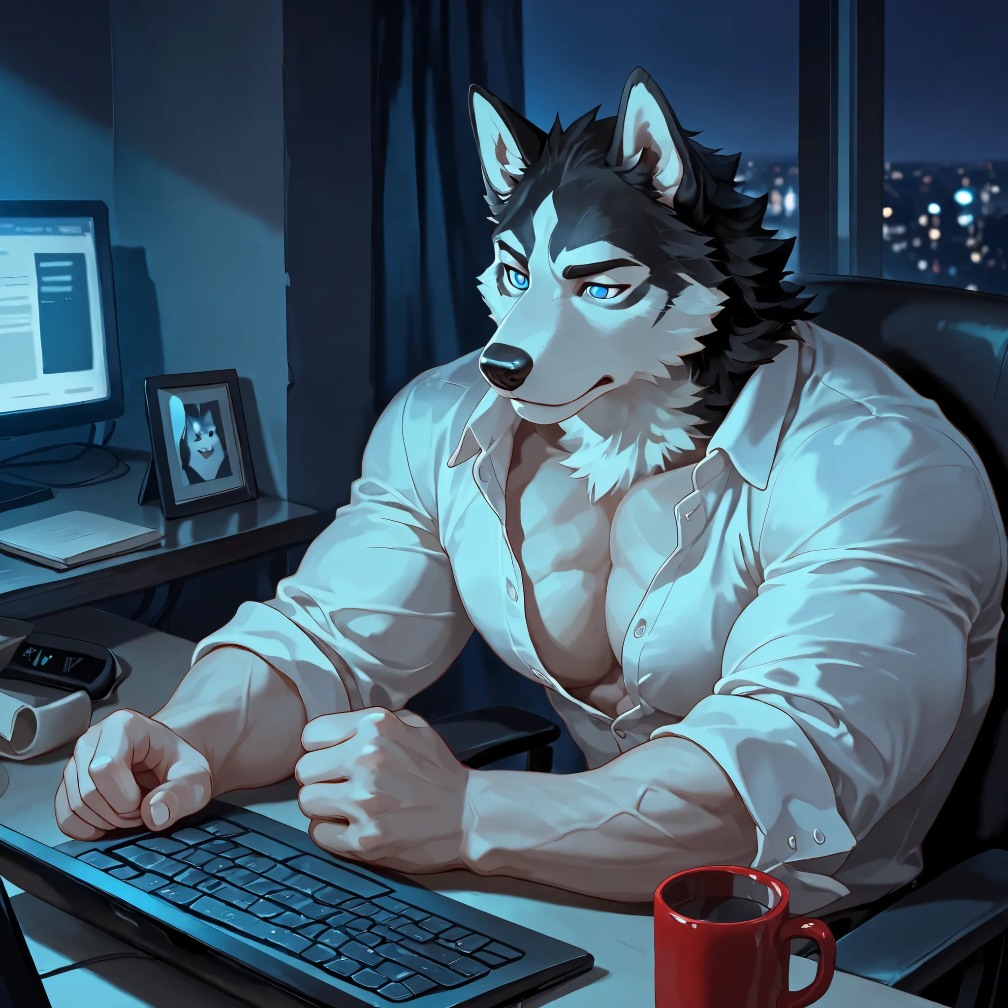 Best Quality, High Quality, Ultra High Resolution,fine eyes, Exquisite Face ,handsome,5 Fingers,paw,Husky,Office,overtime,tired,Unbuttoned shirt,Chest muscles,Abdominal muscles,Skinny boy,fluffy hair,mug,computer,blue eyes,tiredness,vexed, dark circles,clo...
