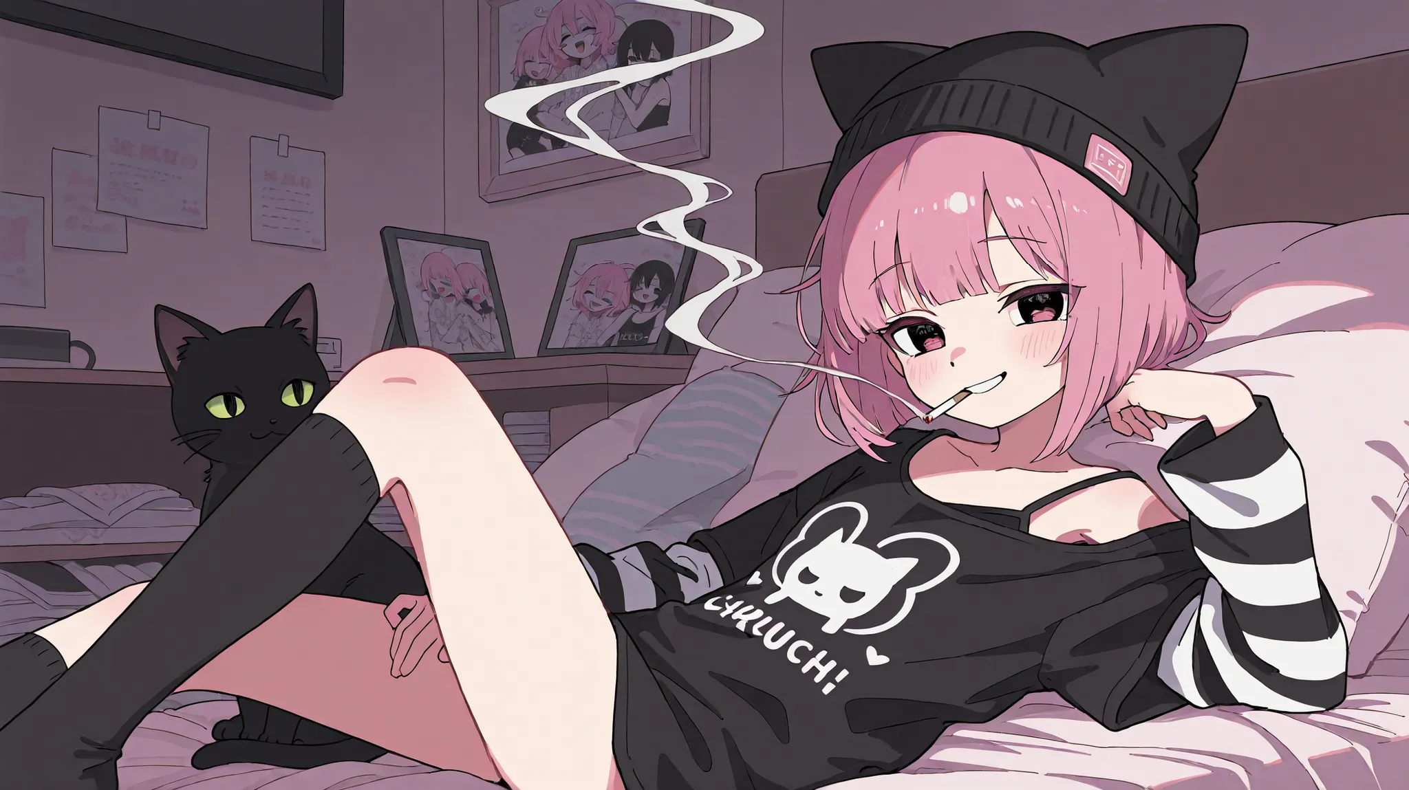 one girl。pink bob hair、Black cat ear knit cap、eyes are black and pink odd-eyes。Laughing laughter。 cigarette smoke。white and black striped arm cover、smile。vertebrae。black t-shirt with a black camisole on top of a black camisole、A messy room with pink tones。...