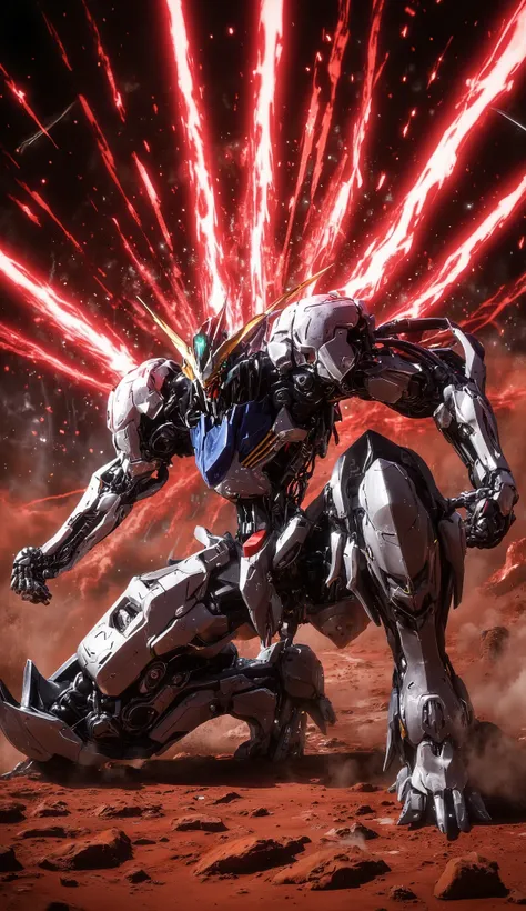 Hyperrealism, photographic, from an action scene with a dynamic angle shot, using Mech01, Meca, science_factor_Core. Gundam_Barbatos, B4RBAT0S, on a Martian battlefield, red arena, red guns. Mobile Suit Barbatos is collecting energy for a final attack, man...
