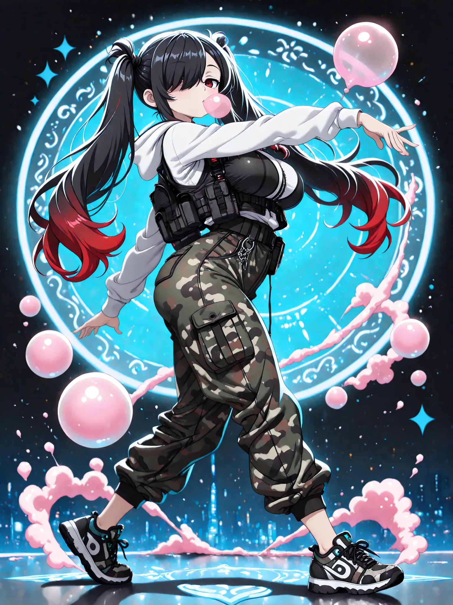 masterpiece, best quality, 1 girl, Kuroki Monika, red eyes, gradient hair, black hair, red hair, long hair, asymmetrical hairline, hair over right eye, ((large breasts)), (petite but curvy), very cute, lovely, long twin-tails, wearing a cropped white hood...