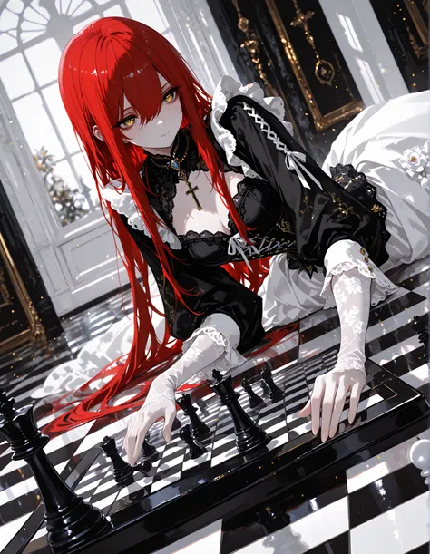 1 girl , golden eyes , very long hair , long sidelocks, red hair , petite , very cute , beautiful ,Straight hair, cool, handsome, hair between eyes, mediumlarge breast,
solo, Victorian Gothic, BREAK masterpiece, highly detailed, big eyes, detailed eyes, d...