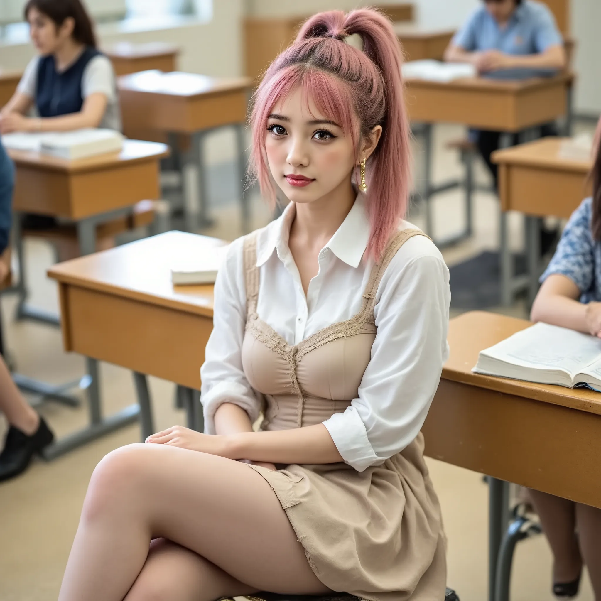 NSFW,(panorama),(((pink hair:1.5))),((classroom:1.5)) ,sitting desk,book and girl’s hands on desk, crossed legs ,20years old,high ponytail,((pink lips:1.5)),(bangs),(an earrings),((brown eyes:1.5)),(large breasts), (beige bustle mini skirt), (white Shirt),...
