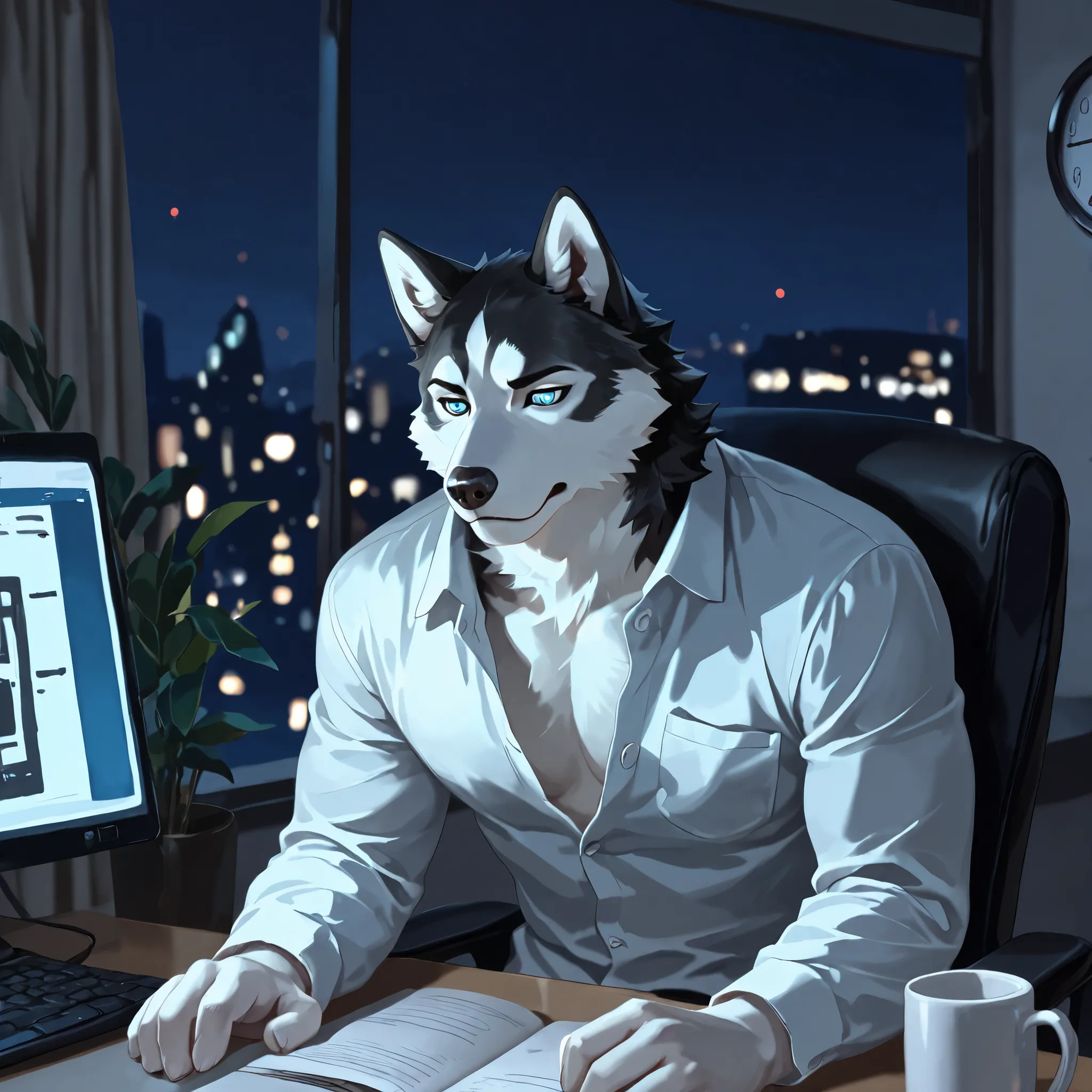 Best Quality, High Quality, Ultra High Resolution,fine eyes, Exquisite Face ,handsome,5 Fingers,paw,Husky,Office,overtime,tired,Unbuttoned shirt,chest,abdomen,Slim body ,mug,computer,blue eyes,tiredness,vexed, dark circles,clock,night,無人的Office,空曠Office,st...