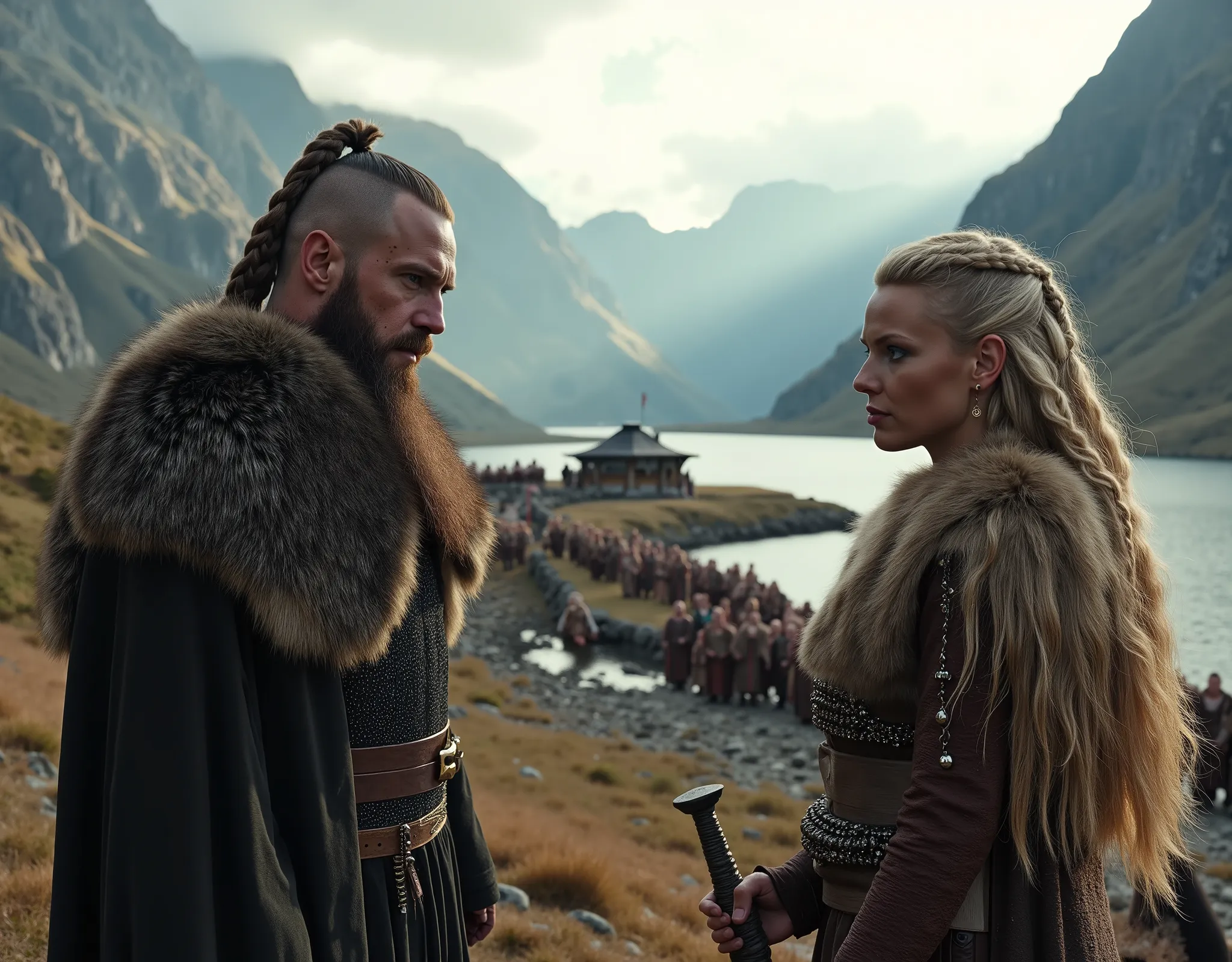 Steep and dramatic mountains are towering in the background and slightly obfuscated by low clouds as dawn breaks. A stream snakes its way down the fjord valley, revealing an ornate longhouse on the far riverbed. In the foreground stands King Ragnar Lothbro...