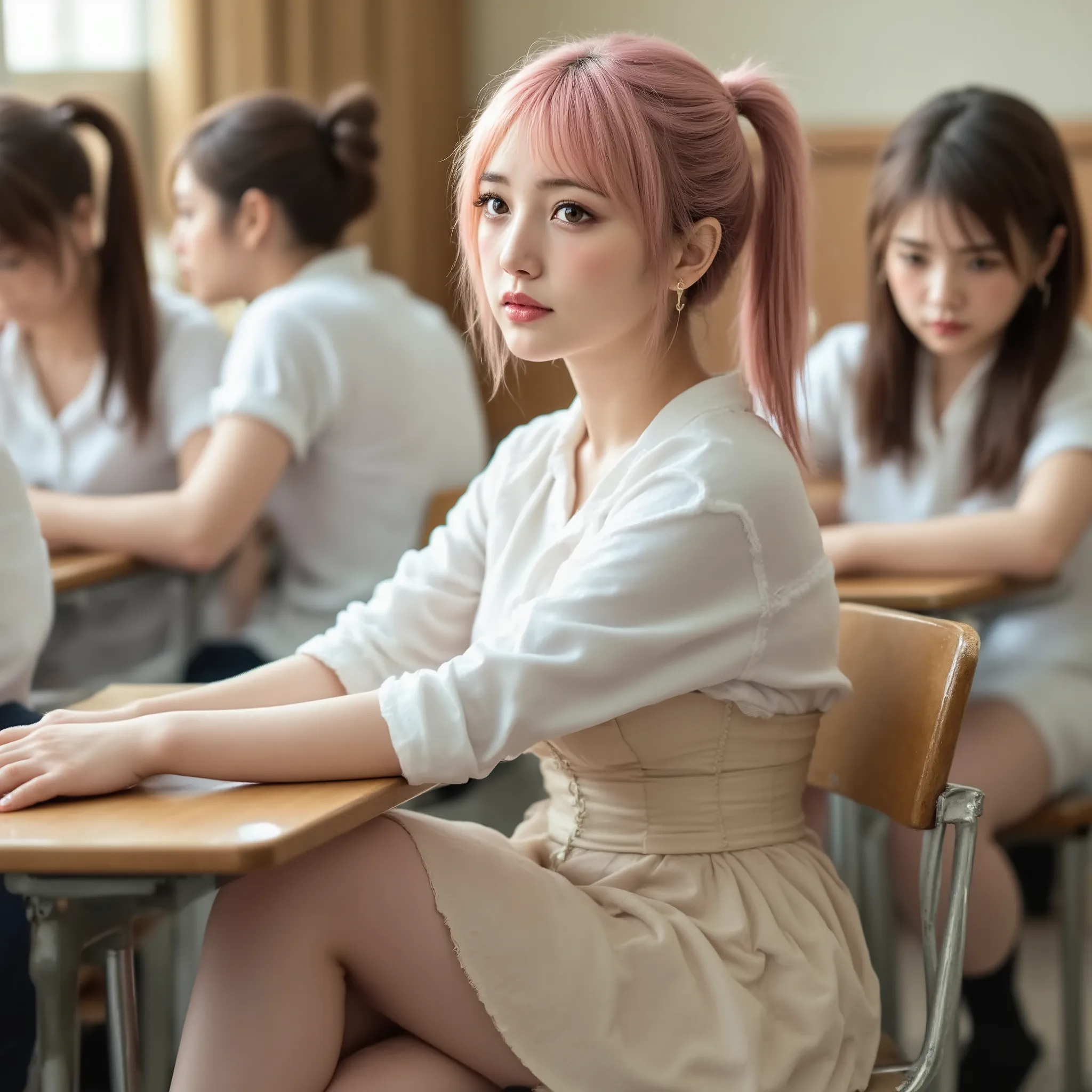 NSFW,(panorama),(((pink hair:1.5))),((classroom:1.5)) ,sitting desk,hands on desk, crossed legs ,20years old,high ponytail,((pink lips:1.5)),(bangs),(an earrings),((brown eyes:1.5)),(large breasts), (beige bustle mini skirt), (white Shirt),(beige corset to...