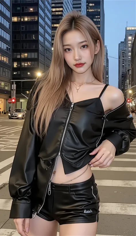 ((depicts a young Korean pop idol girl。),(full body shot with mahiru),((Manhattan skyscraper district in New York)),(walk),((Prada mini dress)),(smile),(beautiful Korean idol makeup,beautiful lips,dark eyeshadow,long lashes),shiny skin staring at the camer...