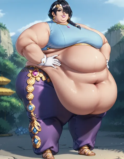 score_9, score_8_up, score_7_up, solo, BREAK, 1girl, full body,
braided ponytail, brown skin, gold accessories, black eyes, earrings, bang, lipstick, purple caplet, hair over eye, white headband with jewel, purple harem pants, white gloves, blue bikini, st...