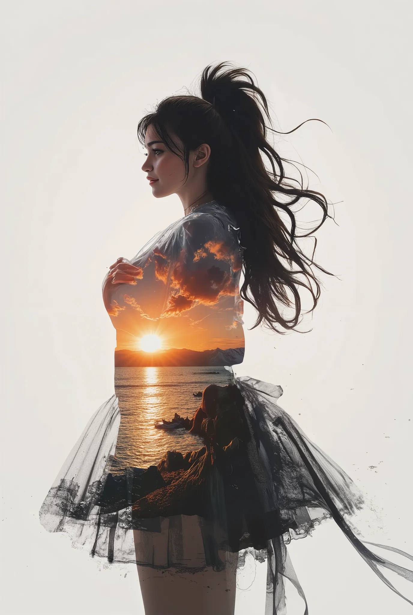 high quality, 8K Ultra HD, A beautiful double exposure that combines an goddess silhouette with sunset coast, sunset coast should serve as the underlying backdrop, with its details incorporated into the goddess , crisp lines, The background is monochrome, ...