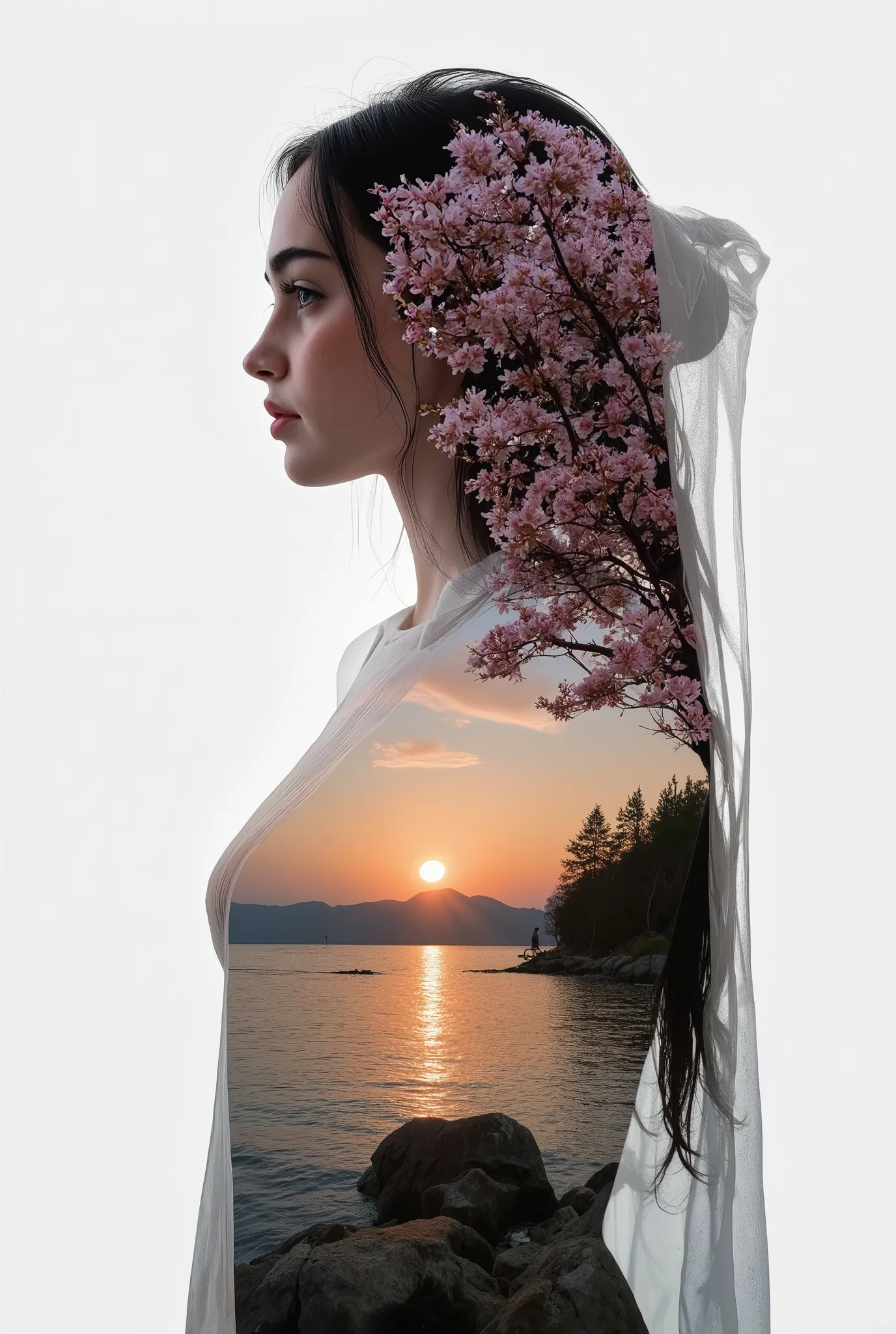 high quality, 8K Ultra HD, A beautiful double exposure that combines an goddess silhouette with sunset coast, sunset coast should serve as the underlying backdrop, with its details incorporated into the goddess , crisp lines, The background is monochrome, ...