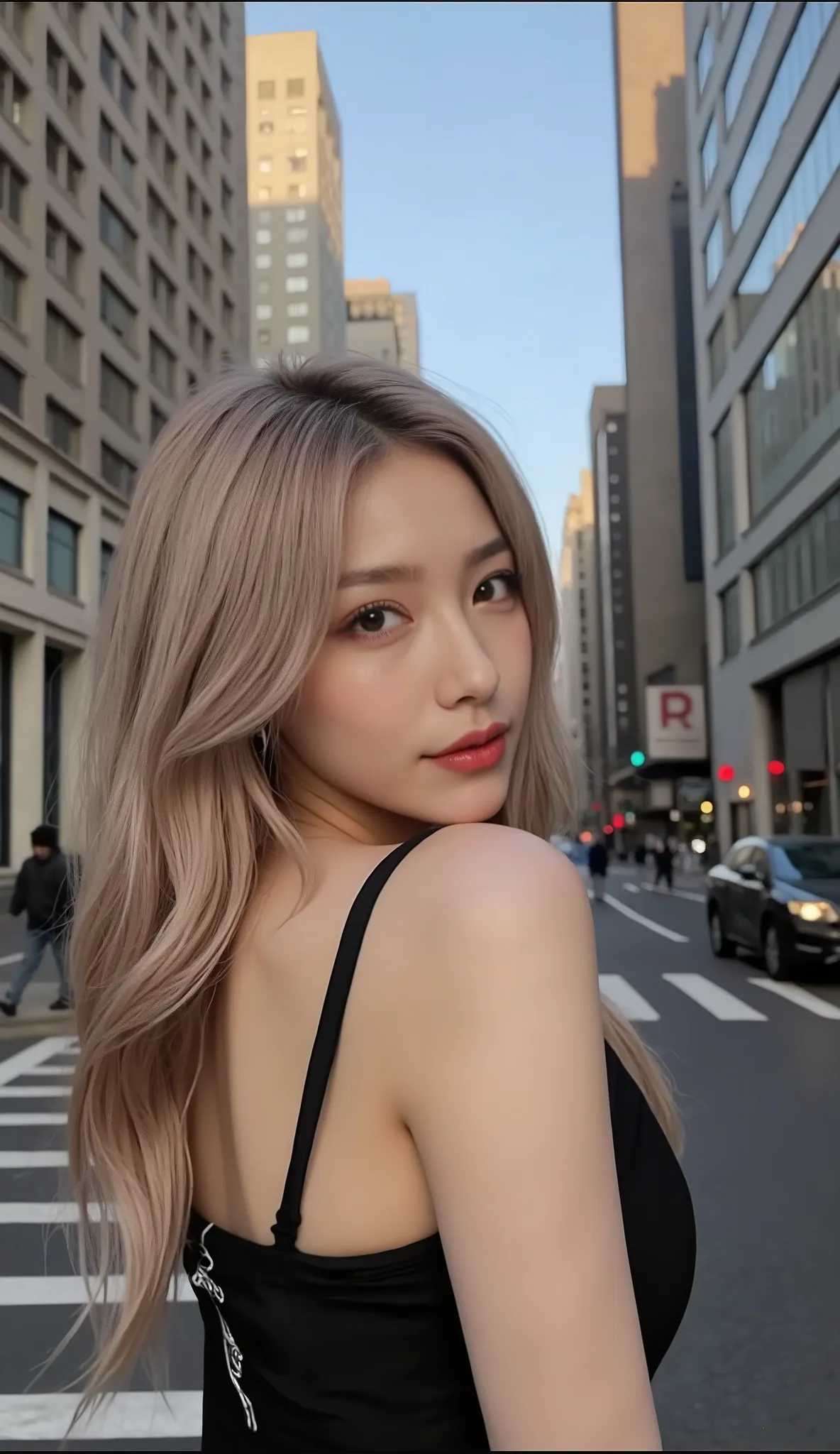 ((depicts a young Korean pop idol girl。),(full body shot with mahiru),((Manhattan skyscraper district in New York)),(walk),((Prada mini dress with open back)),(smile),(beautiful Korean idol makeup,beautiful lips,dark eyeshadow,long lashes),shiny skin stari...