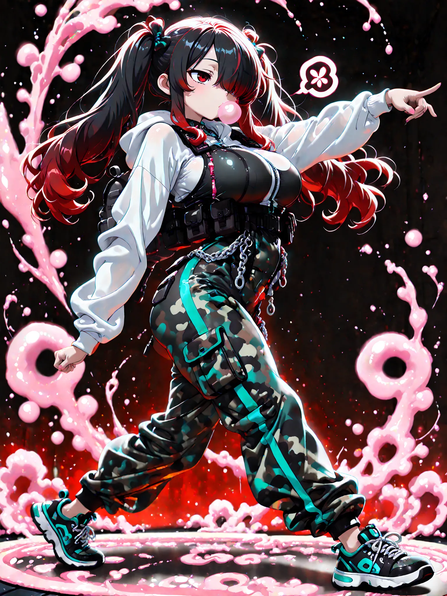 masterpiece, best quality, 1 girl, Kuroki Monika, red eyes, gradient hair, black hair, red hair, long hair, asymmetrical hairline, hair over right eye, ((large breasts)), (petite but curvy), very cute, lovely, long twin-tails, wearing a cropped white hood...