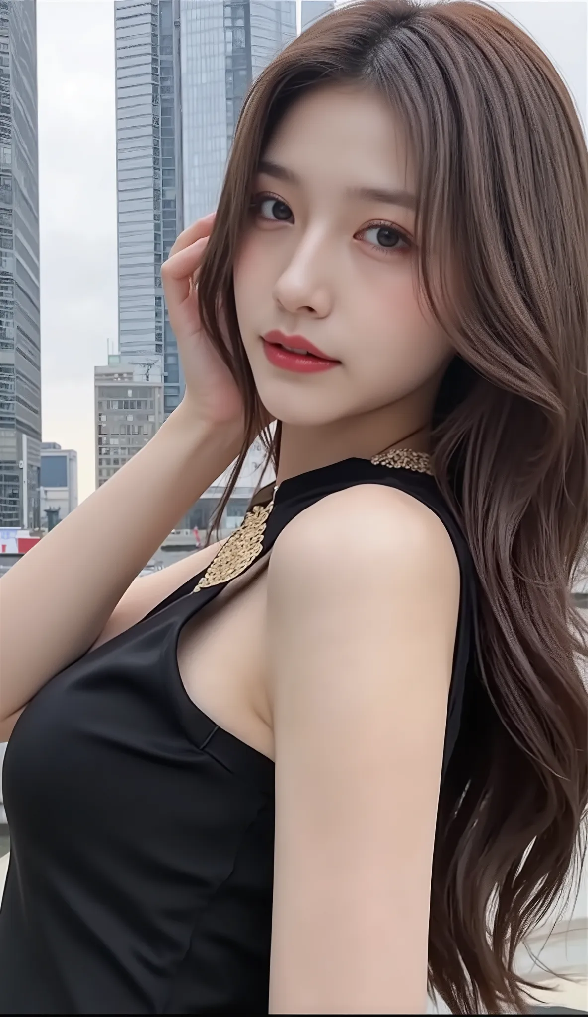 ((depicts a young Korean pop idol girl。),(full body shot with mahiru),((Manhattan skyscraper district in New York)),(walk),((Prada mini dress)),(smile),(beautiful Korean idol makeup,beautiful lips,dark eyeshadow,long lashes),shiny skin staring at the camer...