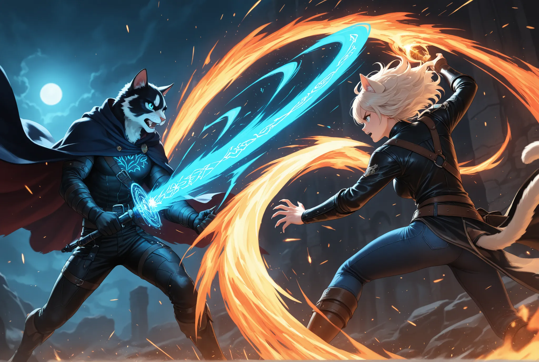 a dramatic battle scene between two anthropomorphic cat warriors, one casting elemental spells with fire and water, wearing a mage's cloak with runes, and the other a wild-haired fighter in leather and denim, slashing through magic with claws and energy, e...