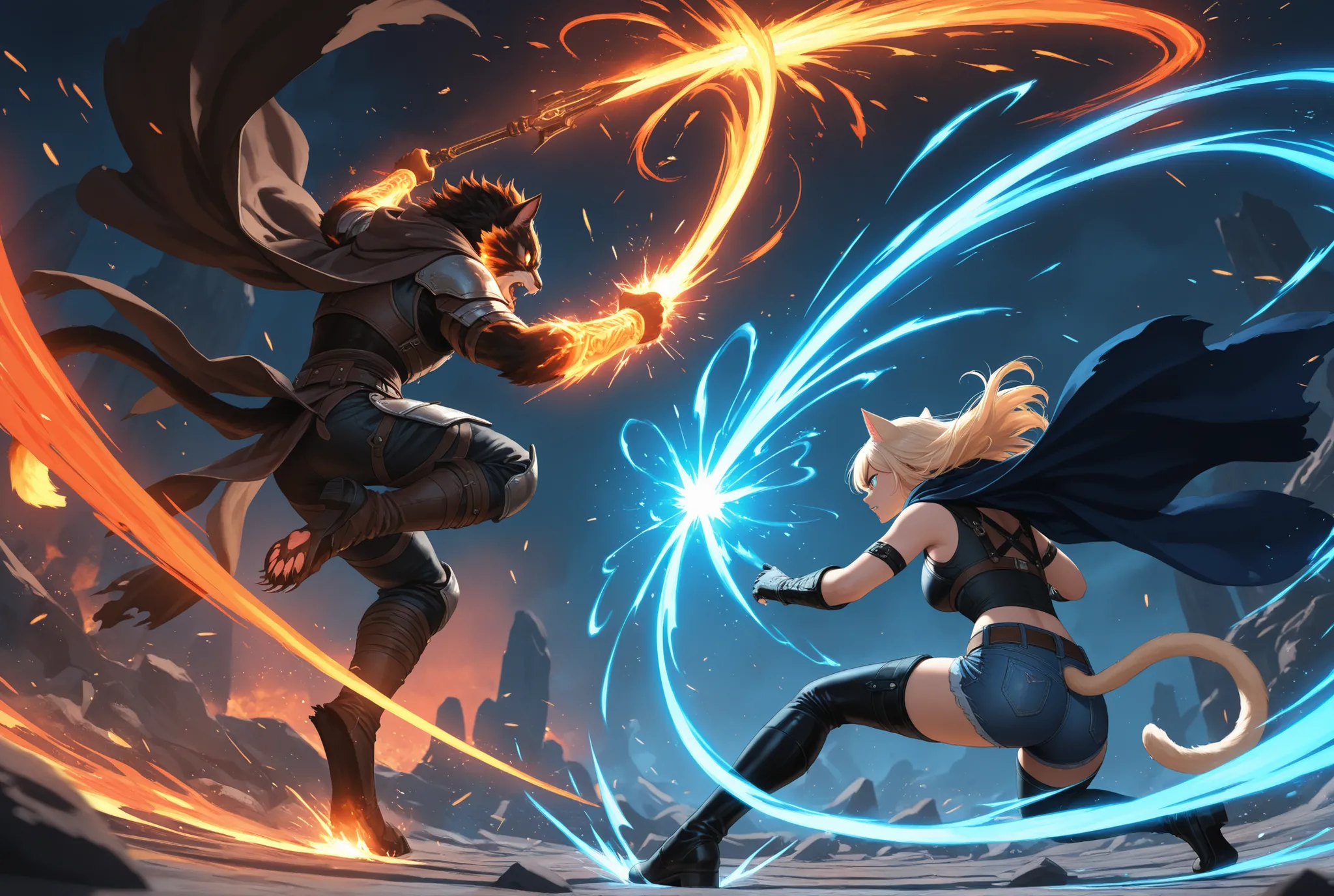 a dramatic battle scene between two anthropomorphic cat warriors, one casting elemental spells with fire and water, wearing a mage's cloak with runes, and the other a wild-haired fighter in leather and denim, slashing through magic with claws and energy, e...