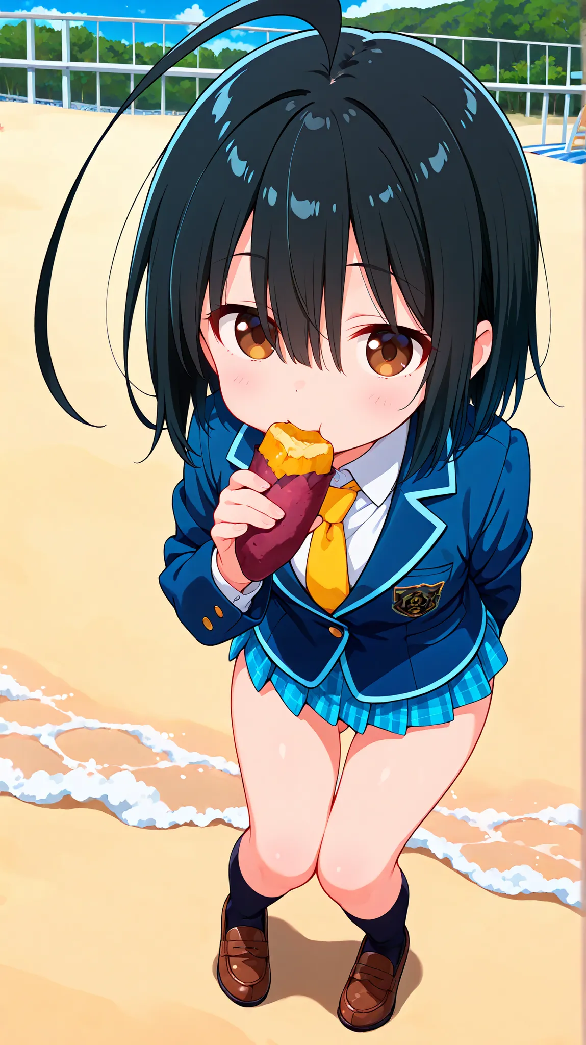 nsfw,((anime style)),score_9, score_8_up, score_7_up,masterpiece, best quality,ultra detail,(((beach))),huge ahoge, negishi masako , 1girl , ((((solo)))),short hair,black hair ,long bangs,brown eyes,(Flat Chest),school uniform,(((blue blazer))),light blue ...