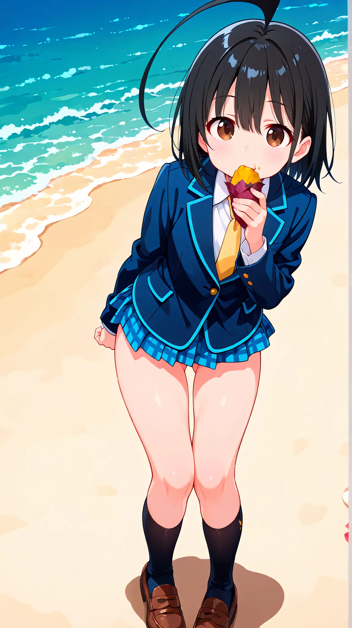 nsfw,((anime style)),score_9, score_8_up, score_7_up,masterpiece, best quality,ultra detail,(((beach))),huge ahoge, negishi masako , 1girl , ((((solo)))),short hair,black hair ,long bangs,brown eyes,(Flat Chest),school uniform,(((blue blazer))),light blue ...