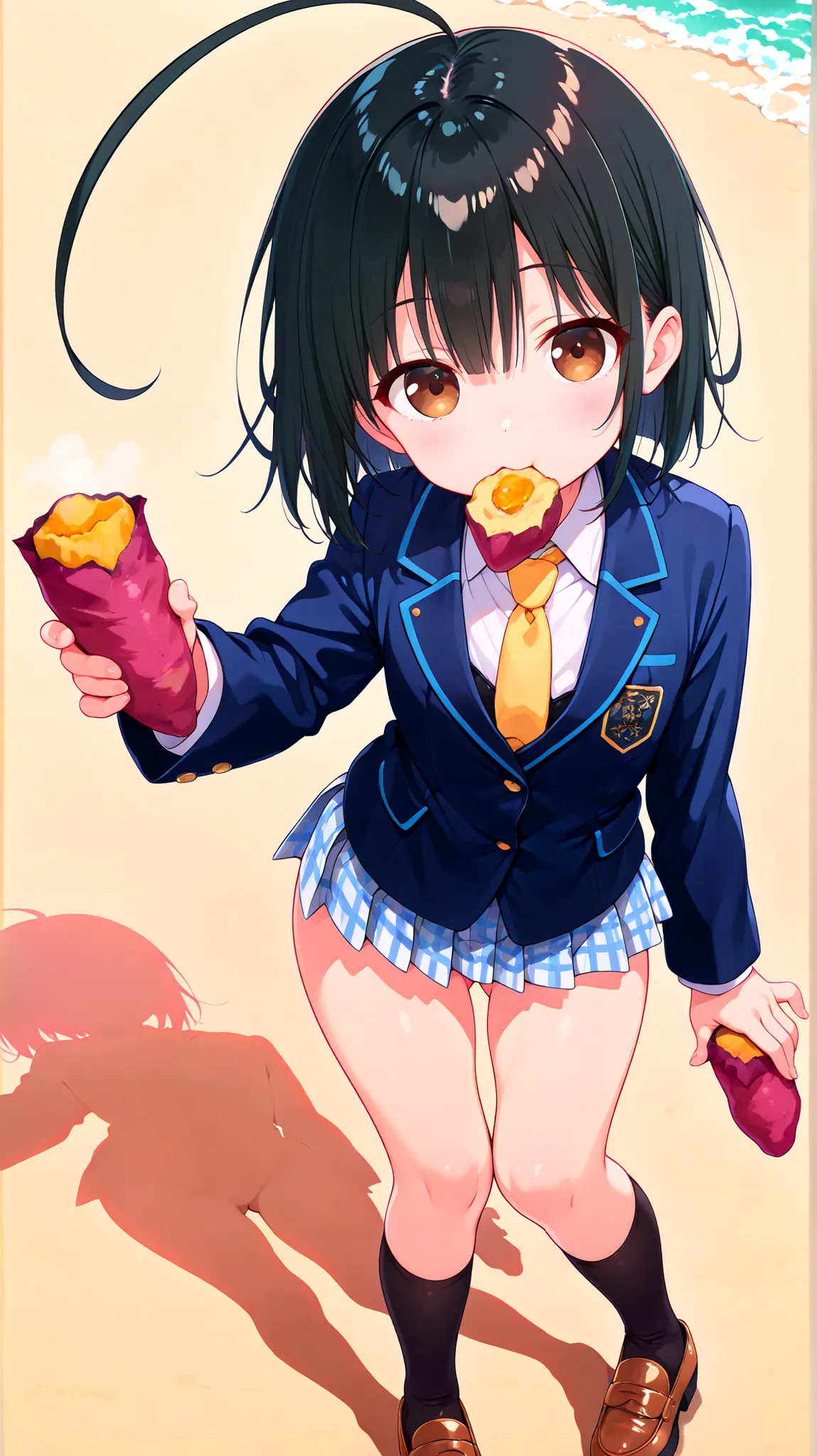 nsfw,((anime style)),score_9, score_8_up, score_7_up,masterpiece, best quality,ultra detail,(((beach))),huge ahoge, negishi masako , 1girl , ((((solo)))),short hair,black hair ,long bangs,brown eyes,(Flat Chest),school uniform,(((blue blazer))),light blue ...