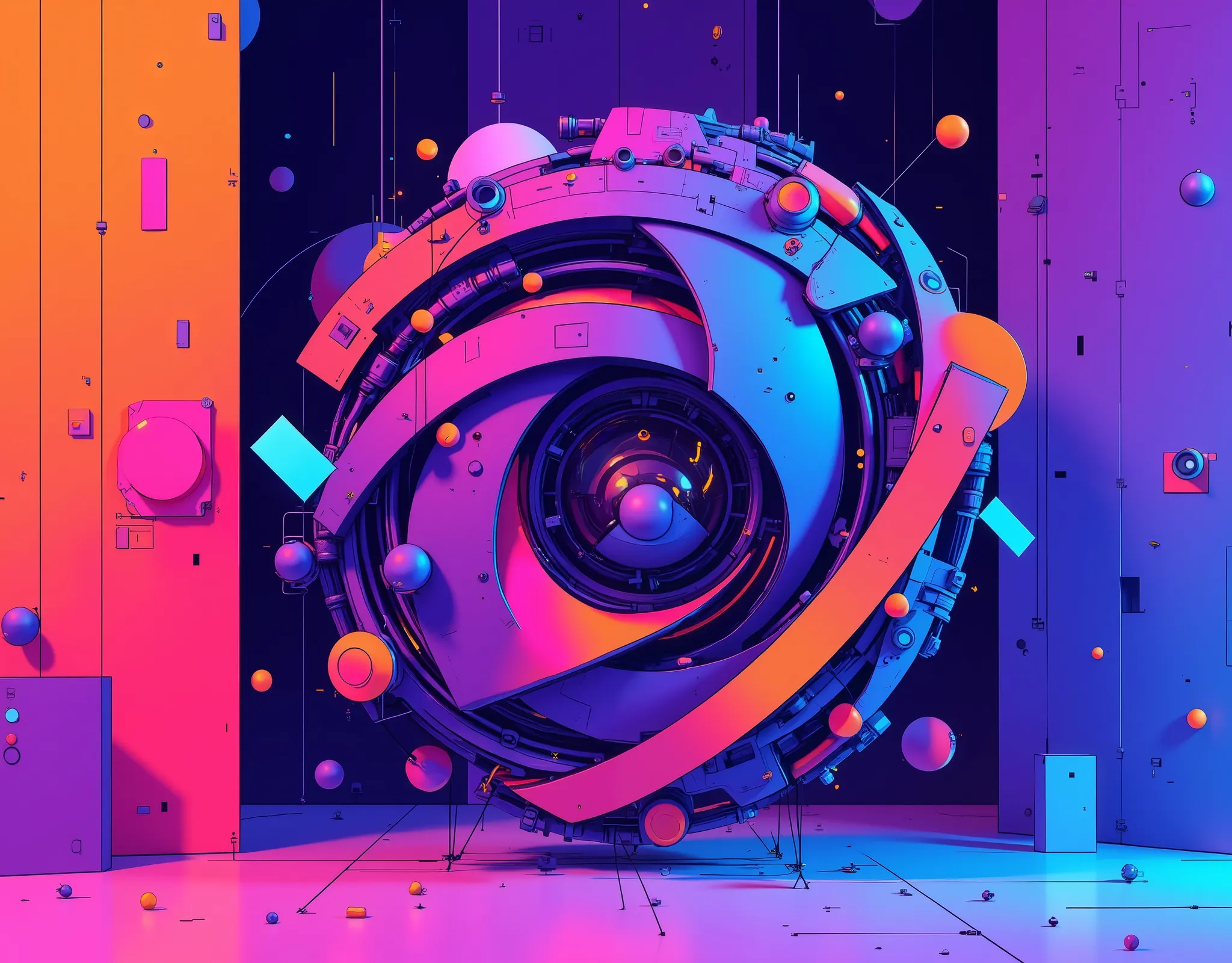 An abstract, memorable, unique and  striking logo for a Graphic design channel about creativity and design. Use a combination of purple, pink, orange and blue colors. Include abstract shapes and dynamic lines that symbolize creativity and technological adv...