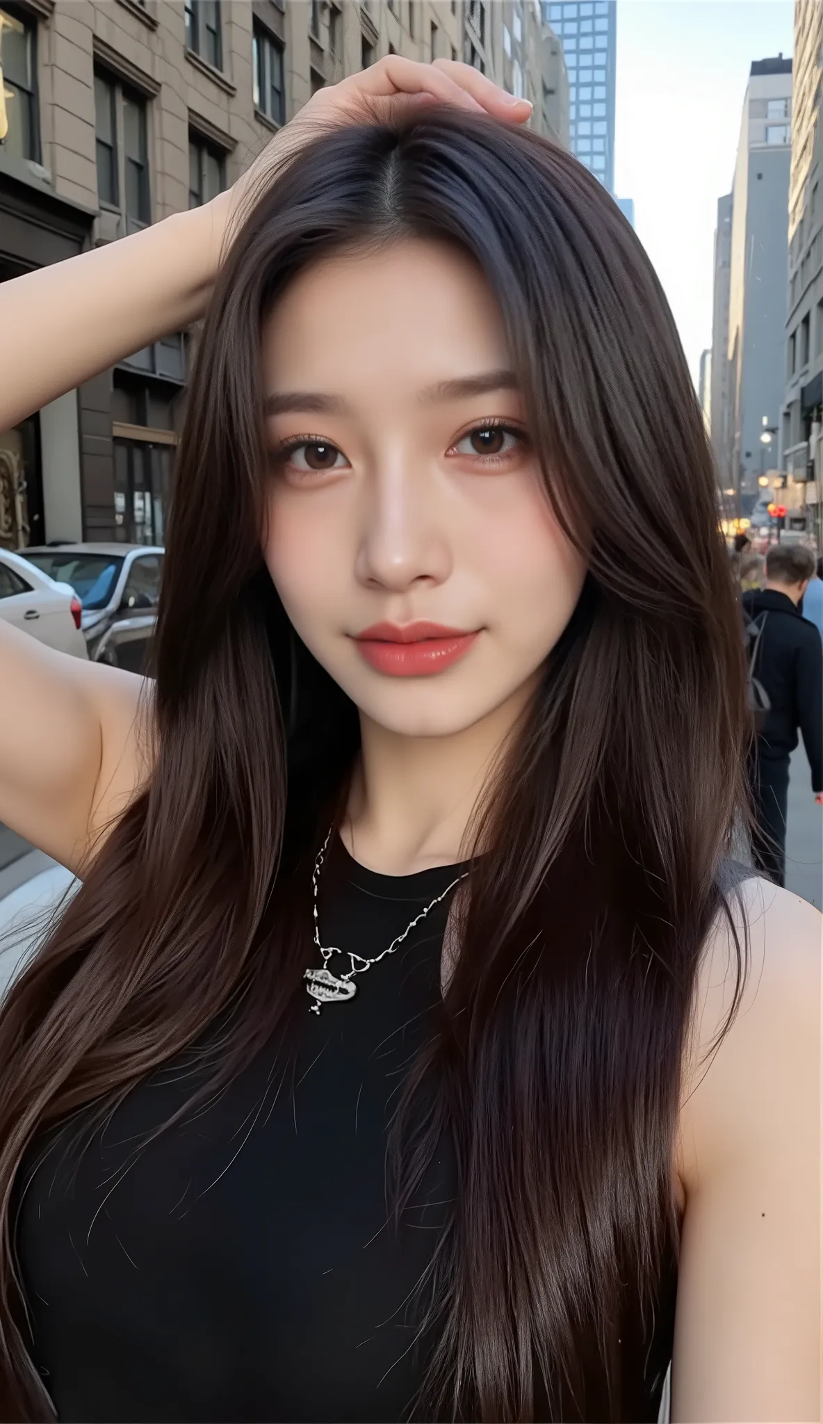 ((depicts a young Korean pop idol girl。),(full body shot with mahiru),((Manhattan skyscraper district in New York)),(walk),((Prada mini dress)),(smile),(beautiful Korean idol makeup,beautiful lips,dark eyeshadow,long lashes),shiny skin staring at the camer...