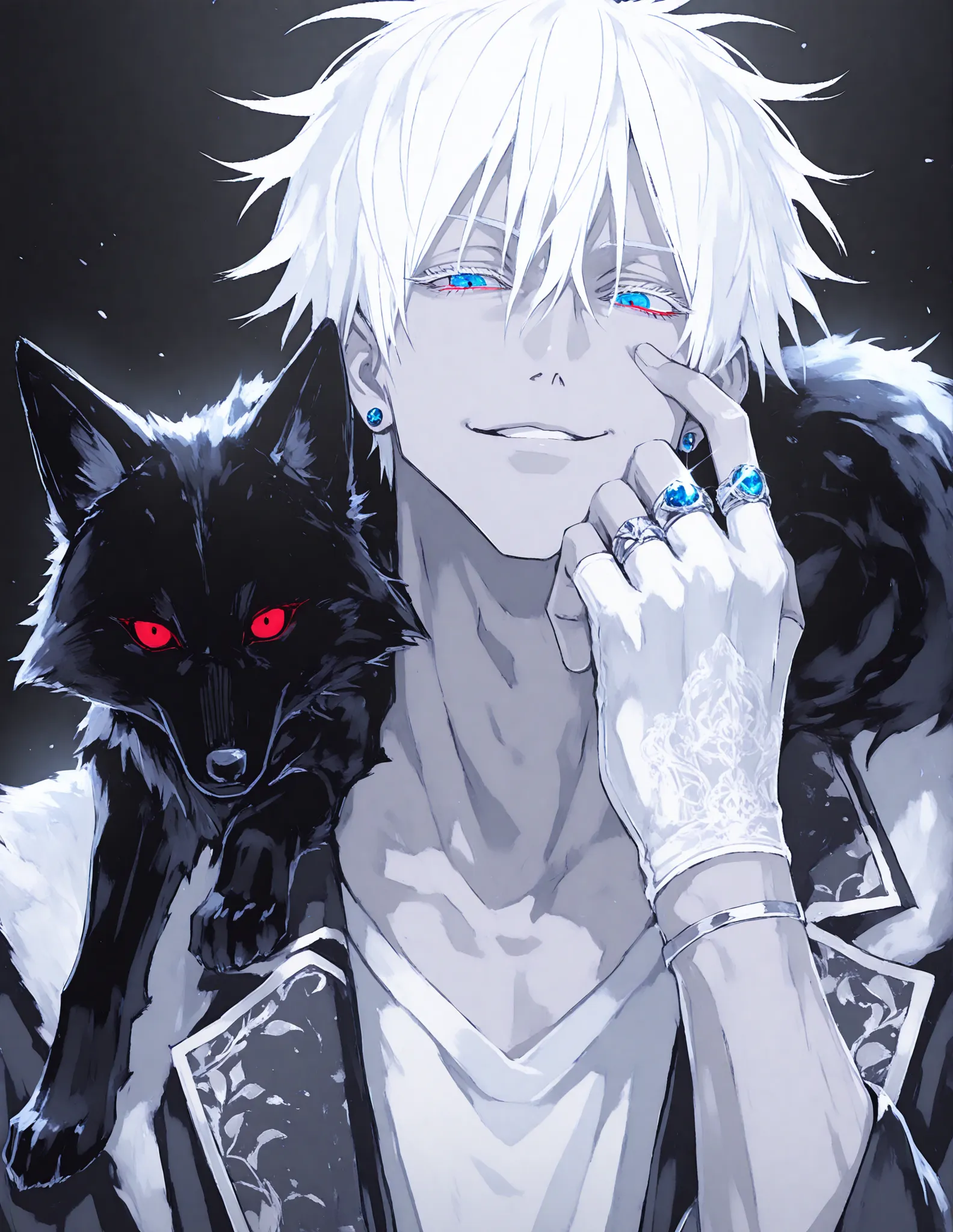 Anime Style, cinematic lighting, cinematic shadows, 1boy, male focus, gojou satoru, jujutsu kaisen, white hair, short hair, (hair between eyes), colored eyelashes, white eyelashes, (blue eyes:1.3), intricate eye iris, detailed eyes, sharp eyes, adult, muscular male, sexy man, handsome man, handsome face, mature, blue earrings, ear piercings, ring, multiple rings, white leather gloves, fingerless gloves, half gloves, solo, portrait, hand over face, villain aesthetic, evil, villainous, smirk, dynamic shadows, (a black fox with red eyes on his shoulder:1.5), male cool clothes, cool fashion, intricate clothes, intricate accessories, intricate patterns, cool, stylish, alternate costume, black gloves, black coat, shirt, white pants, dark atmosphere, simple background, black background, red and blue theme, black theme, Abstract_Marble, abstract, pattern, abstract_pattern, marble_pattern,