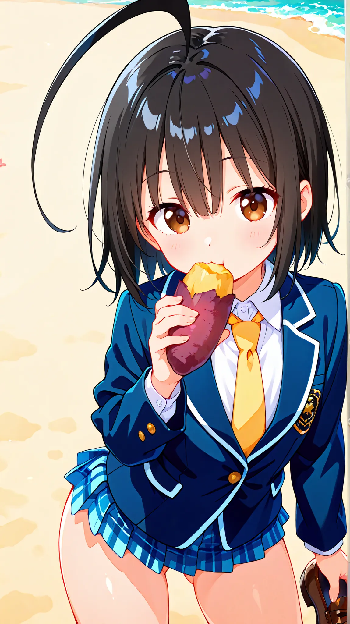 nsfw,((anime style)),score_9, score_8_up, score_7_up,masterpiece, best quality,ultra detail,(((beach))),huge ahoge, negishi masako , 1girl , ((((solo)))),short hair,black hair ,long bangs,brown eyes,(Flat Chest),school uniform,(((blue blazer))),light blue ...