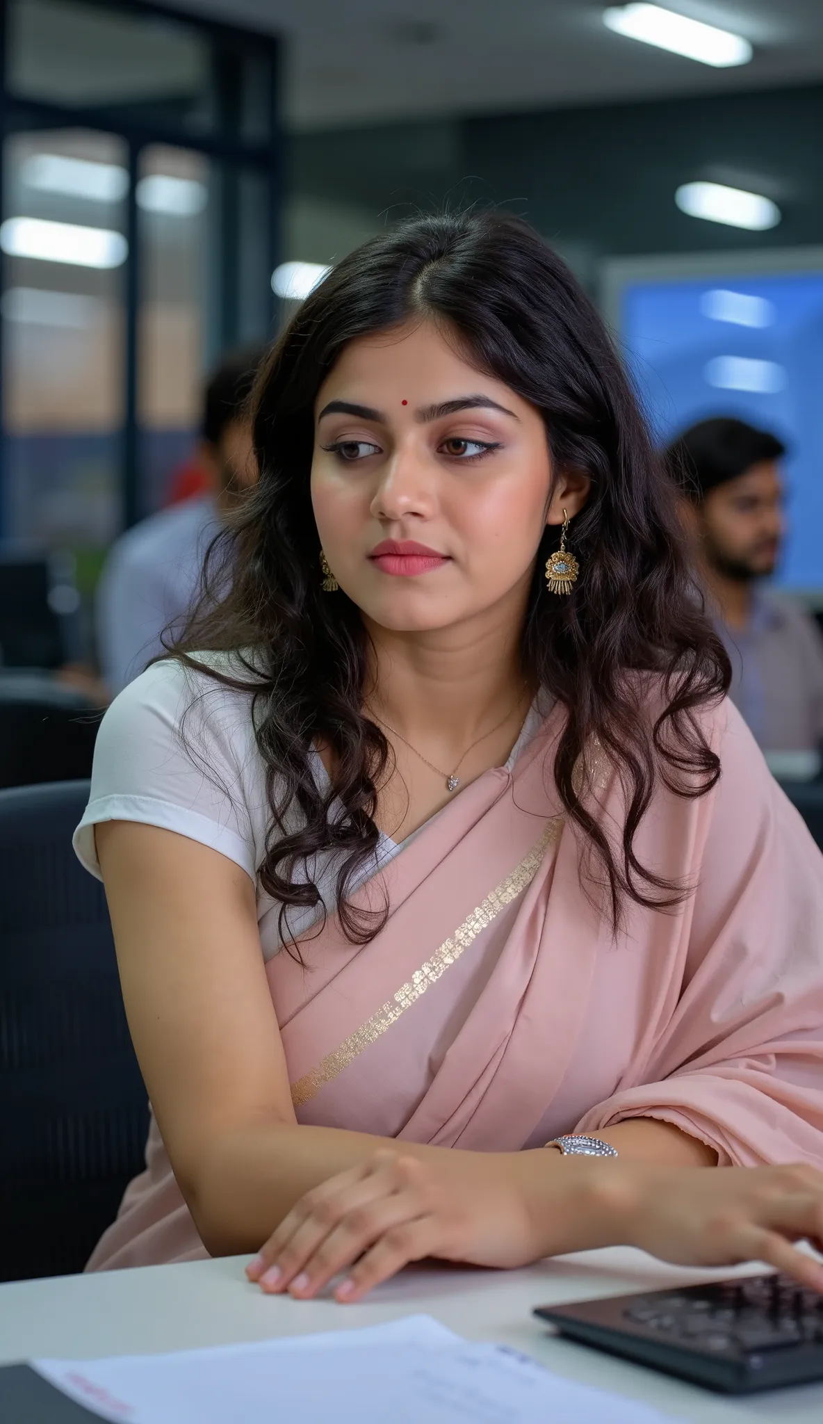 A malayali woman, curly wet hair, dressed in light pink  
saree and white blouse working dress, working as a computer programmer in an IT company 

