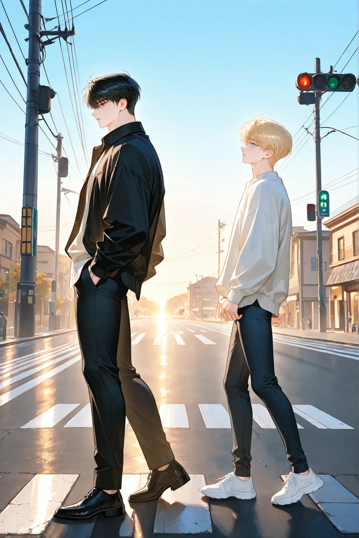 4k , 8k , (1 men, blonde hair, short hair, light blue eyes, wearing Casual wear, Cross the road to the right, follow behind men black hair, side view, ผู้ใหญ่ ,หล่อ, ชายอายุ 25 ปี, manhwa, Slender and muscular figure)
(1 men, black hair, short hair, red ...