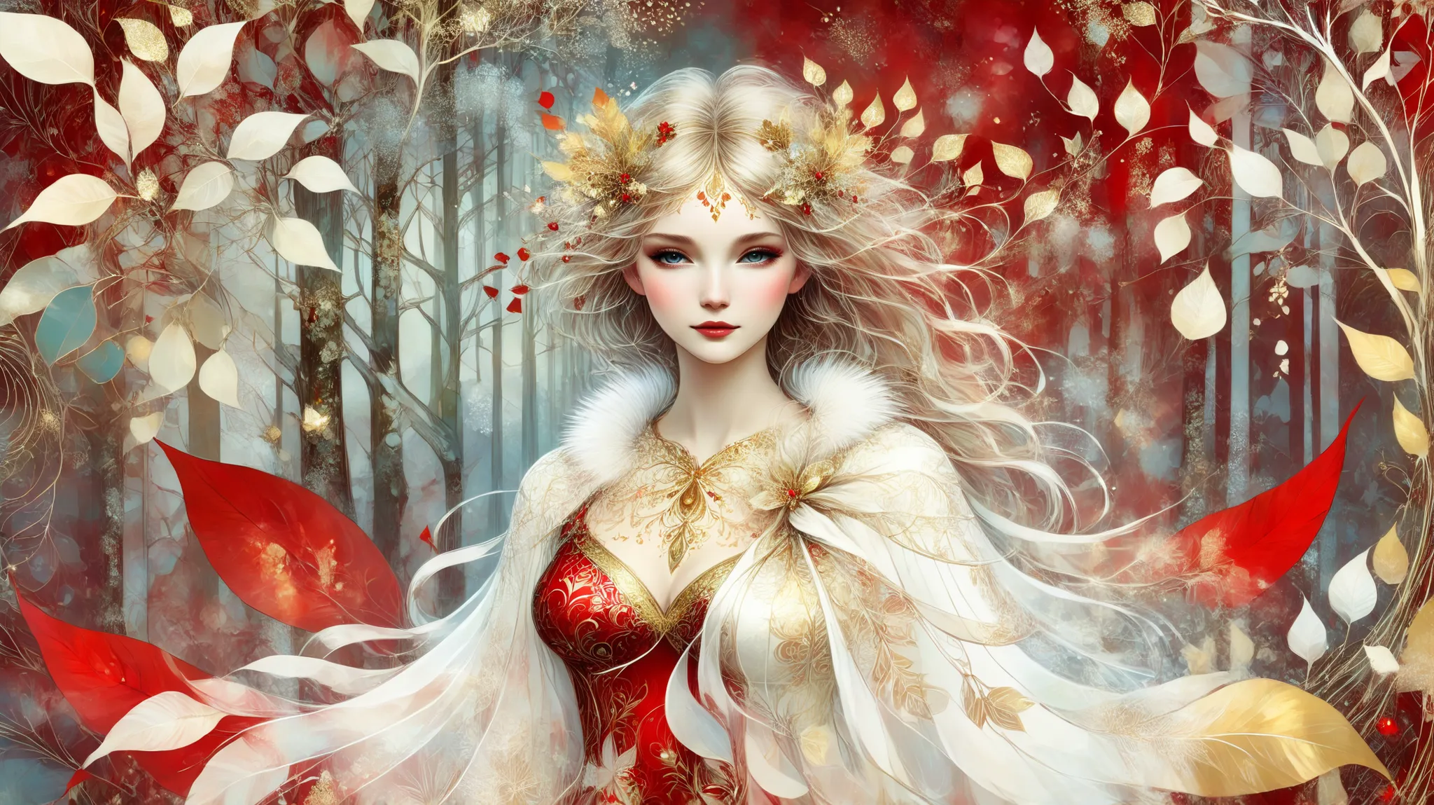 novuschroma style Fluffy magic full body girl fantasy illustration in Novuschroma style in a enchanted forest in Mucha style as background. color palette white patterns, red and gold