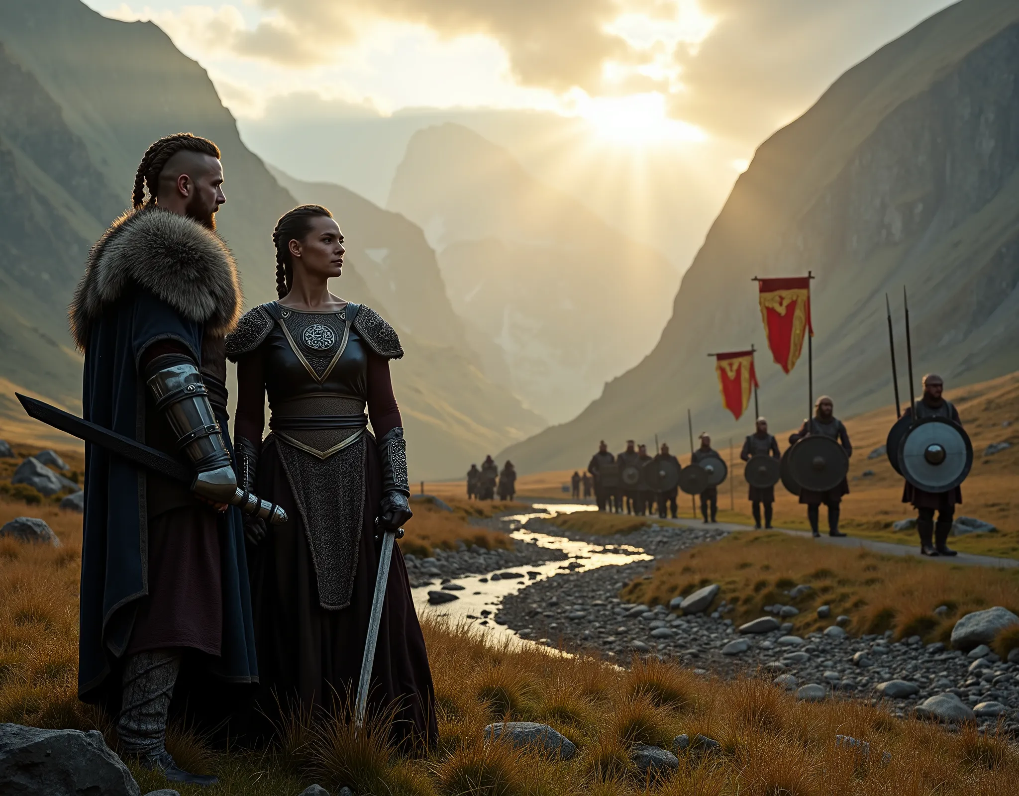 Steep and dramatic mountains are towering in the background and slightly obfuscated by low clouds as dawn breaks and sun rays pierce the clouds. A stream snakes its way down the fjord valley, revealing an ornate longhouse on the far riverbed. In the foregr...