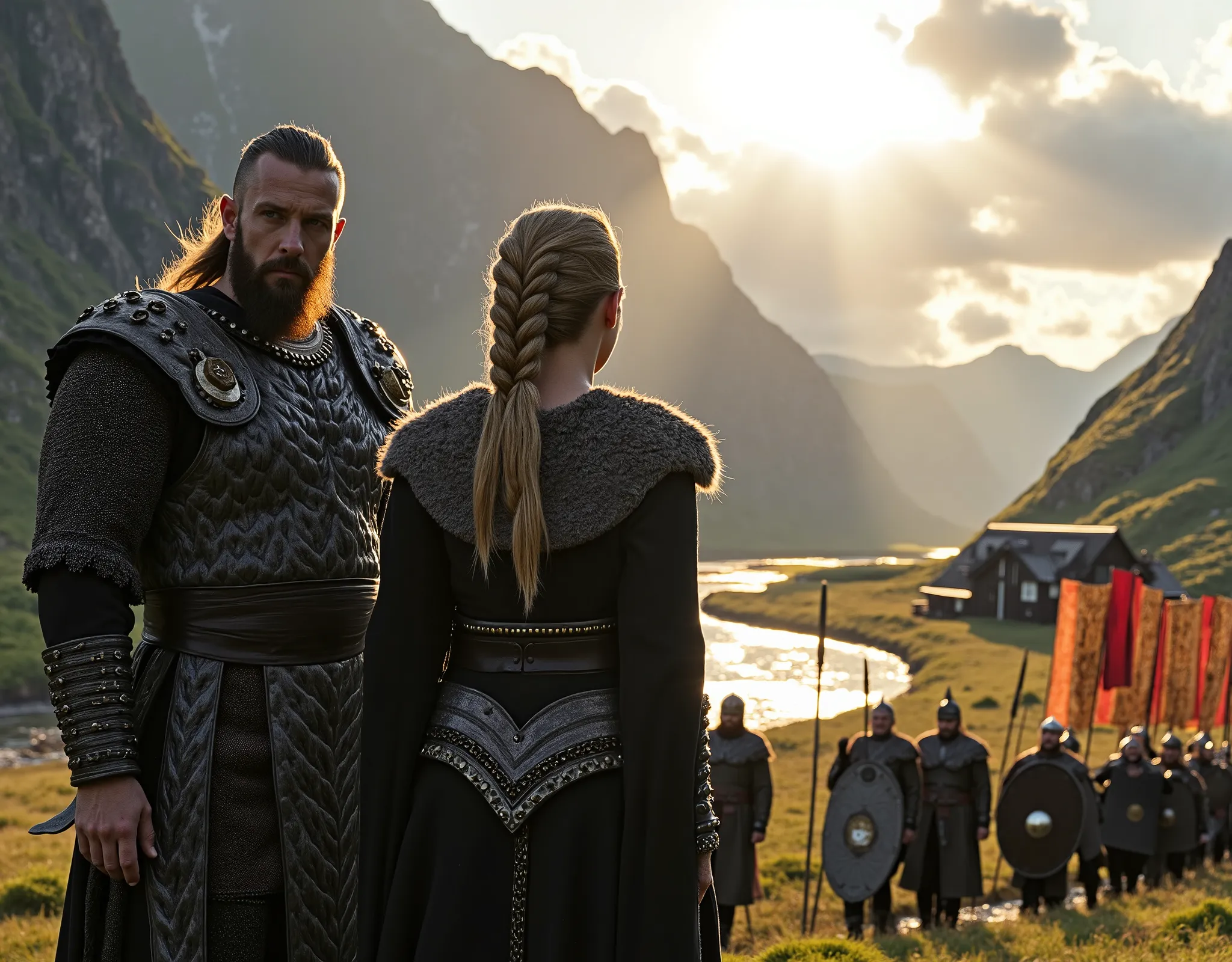 Steep and dramatic mountains are towering in the background and slightly obfuscated by low clouds as dawn breaks and sun rays pierce the clouds. A stream snakes its way down the fjord valley, revealing an ornate longhouse on the far riverbed. In the foregr...