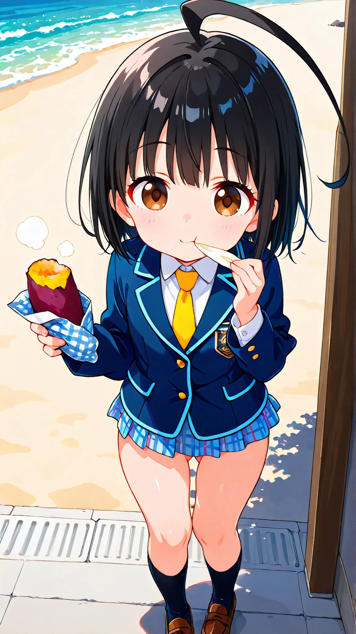 nsfw,((anime style)),score_9, score_8_up, score_7_up,masterpiece, best quality,ultra detail,(((beach))),huge ahoge, negishi masako , 1woman, ((((solo)))),short hair,black hair ,long bangs,brown eyes,(Flat Chest),school uniform,(((blue blazer))),light blue ...