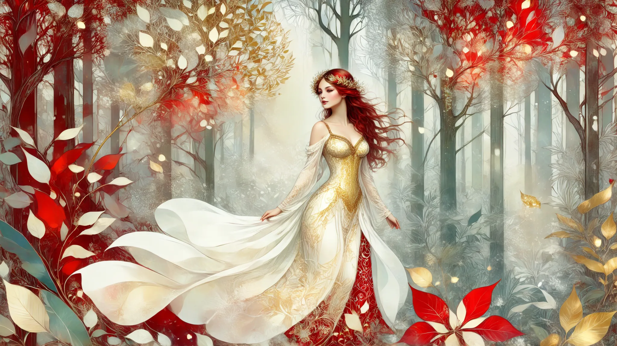 novuschroma style Fluffy magic full body girl fantasy illustration in Novuschroma style in a enchanted forest in Mucha style as background. color palette white patterns, red and gold